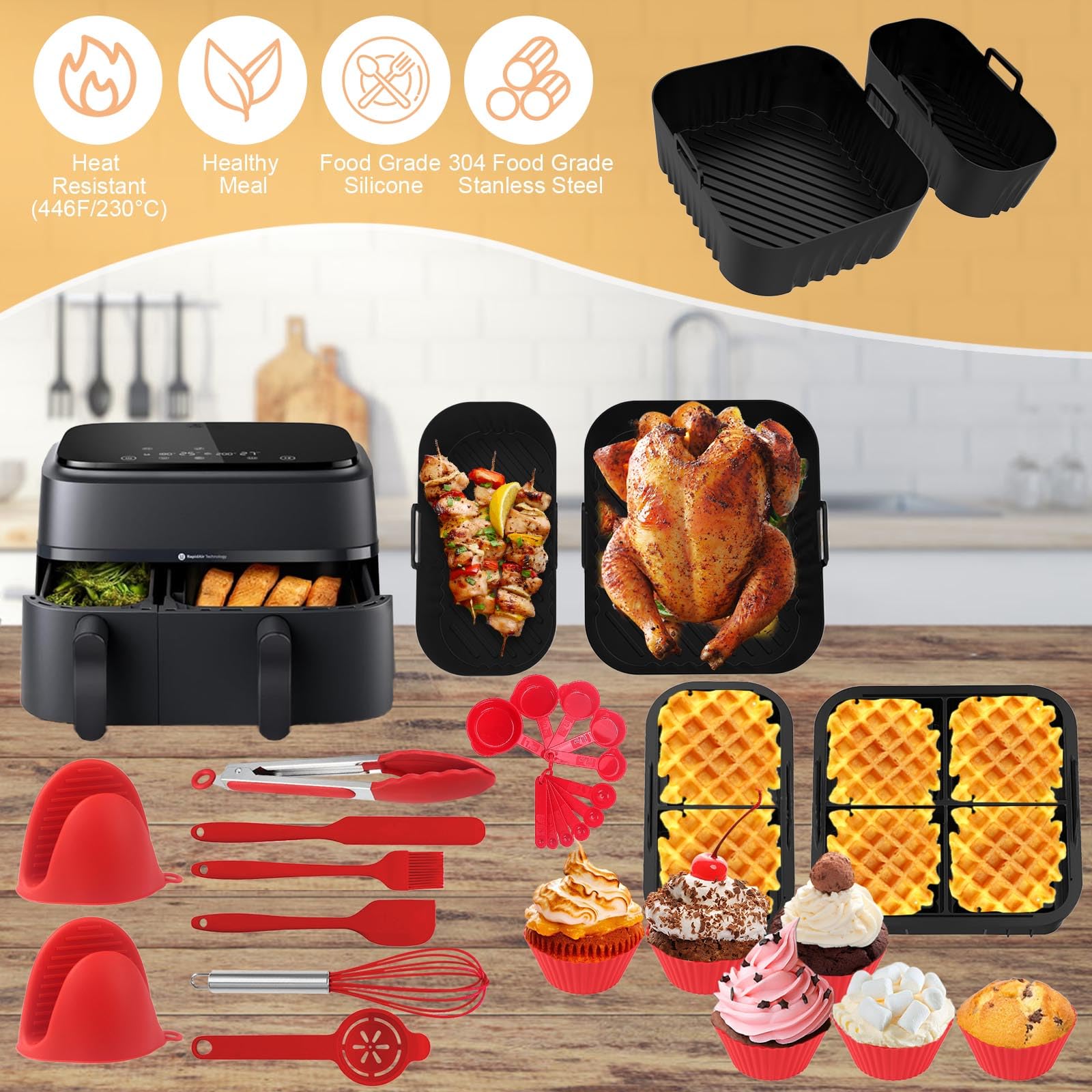 29 piezas Airfryer Accesorios para Philips Dual Basket 3000 Series NA350 6L/3L Airfryer Incluye molde de silicona para freidora de aire caliente, accesorios para gofres, juego de accesorios para