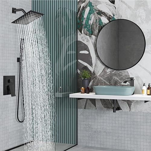 Miniatura 2 de Midanya Juego de grifo de ducha, sistema de ducha de montaje en pared con cabezal de ducha de lluvia cuadrado y rociador manual, cuerpo de válvula