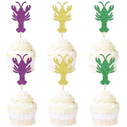 Ercadio Paquete de 24 adornos para cupcakes de langosta de Mardi Gras Mardi Gras, máscara para cupcakes para despedida de soltera, fiesta de Mardi