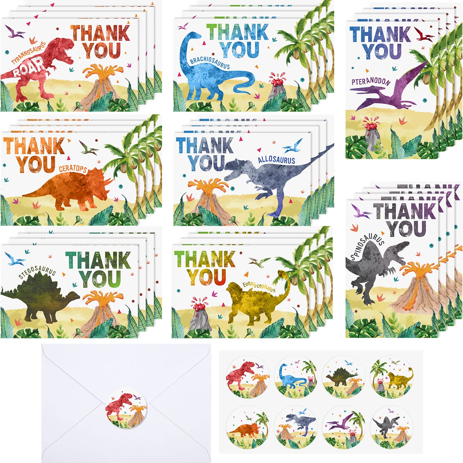Buy 32 Sets Watercolor Dinosaur Thank You Card, Dino Theme Blank Note