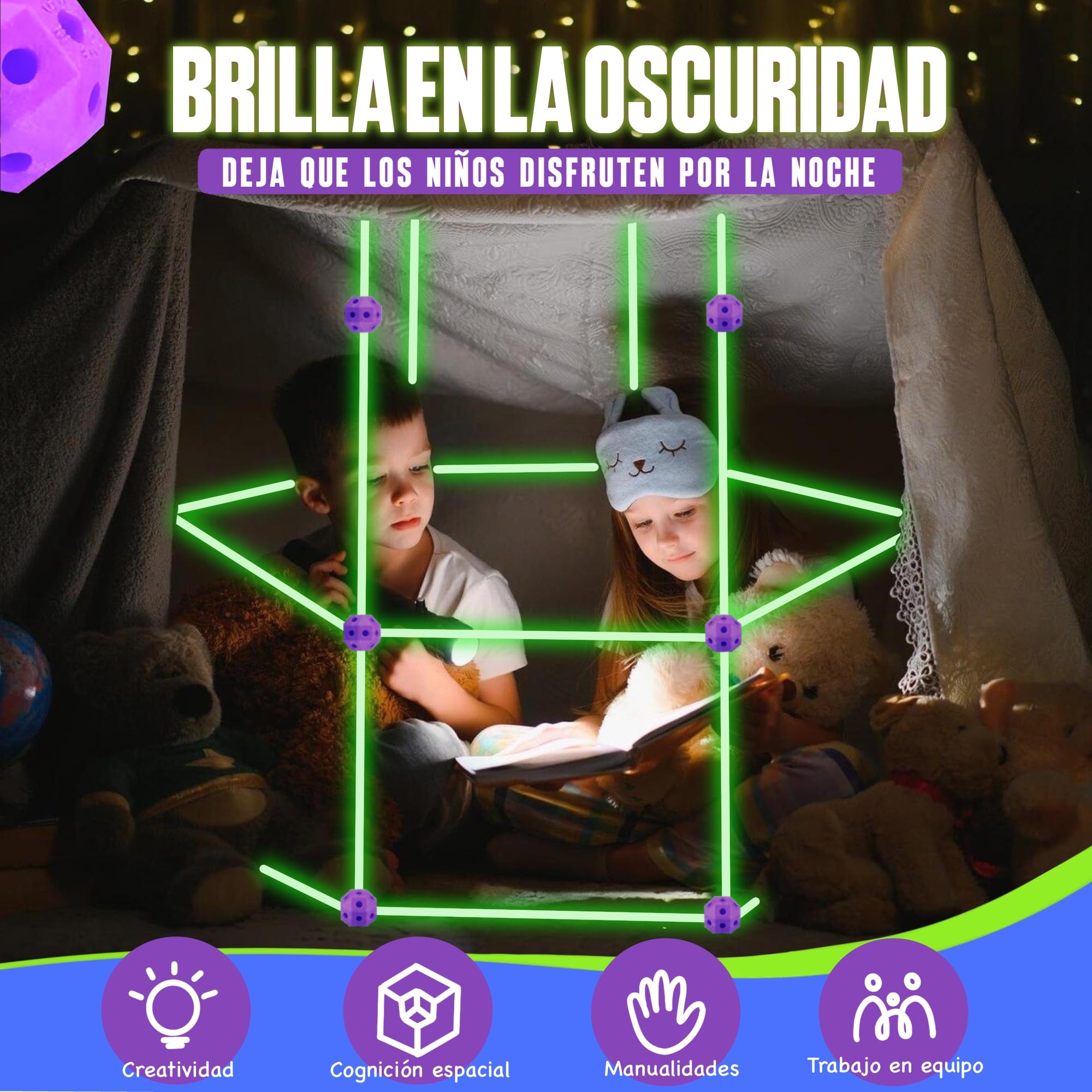 100 pezzi Kit di costruzione - Brilla al buio, forte bambini da 3 a 13 anni, castelli tunnel creativi, tenda di giochi e campagna per interni ed esterni, fortezza fai da te
