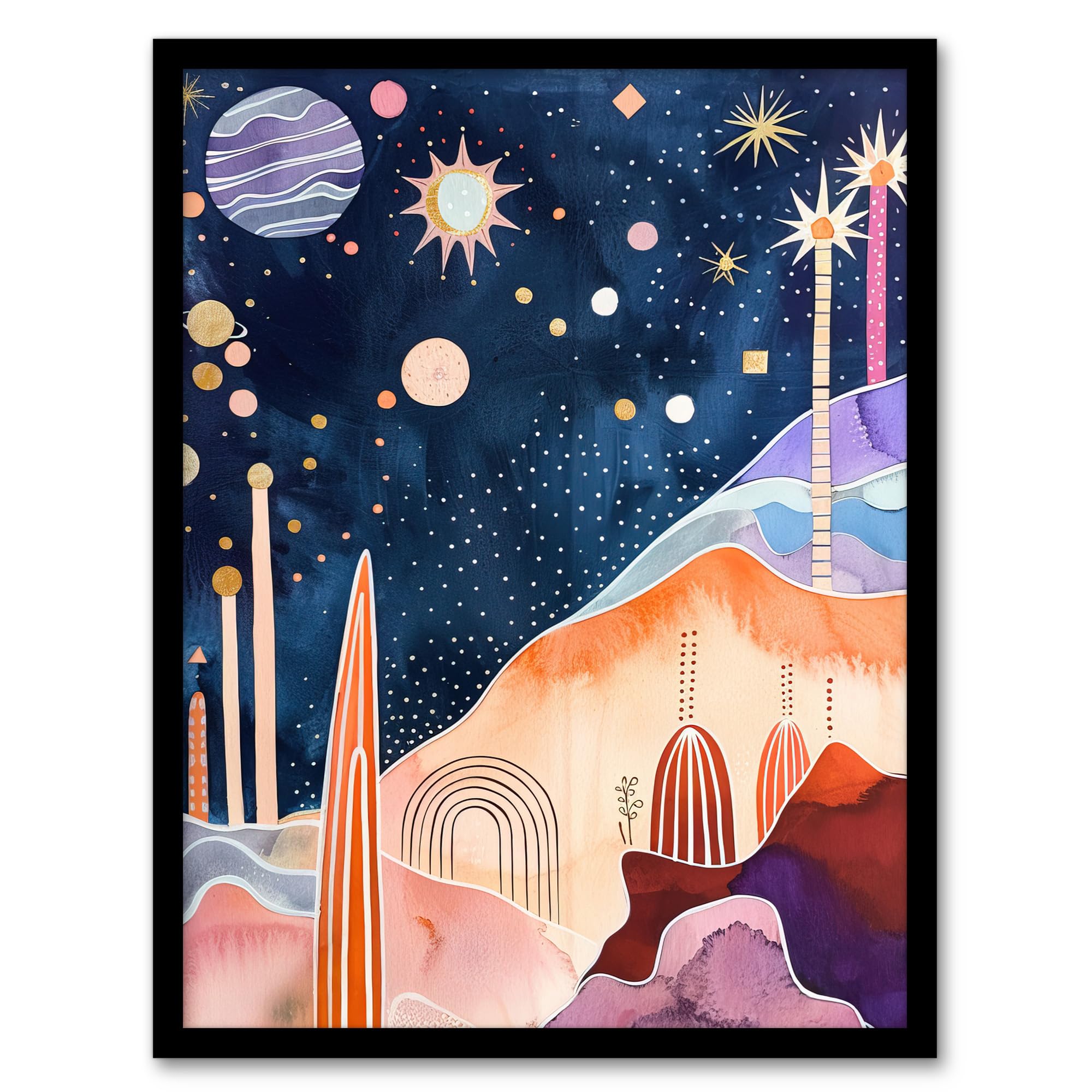 Artery8 Mid Century Modern Abstract Boho Space Landscape Living Room Artwork Framed Wall Art Print 18X24 Inch