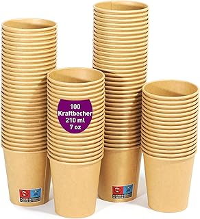 100 Einweg-Kraftpapierbecher 210 ml / 7 oz. Robust, auslaufsicher. Ideal für Kaffee, Tee und Erfrischungsgetränke. Geruchsfrei. Kraftbecher