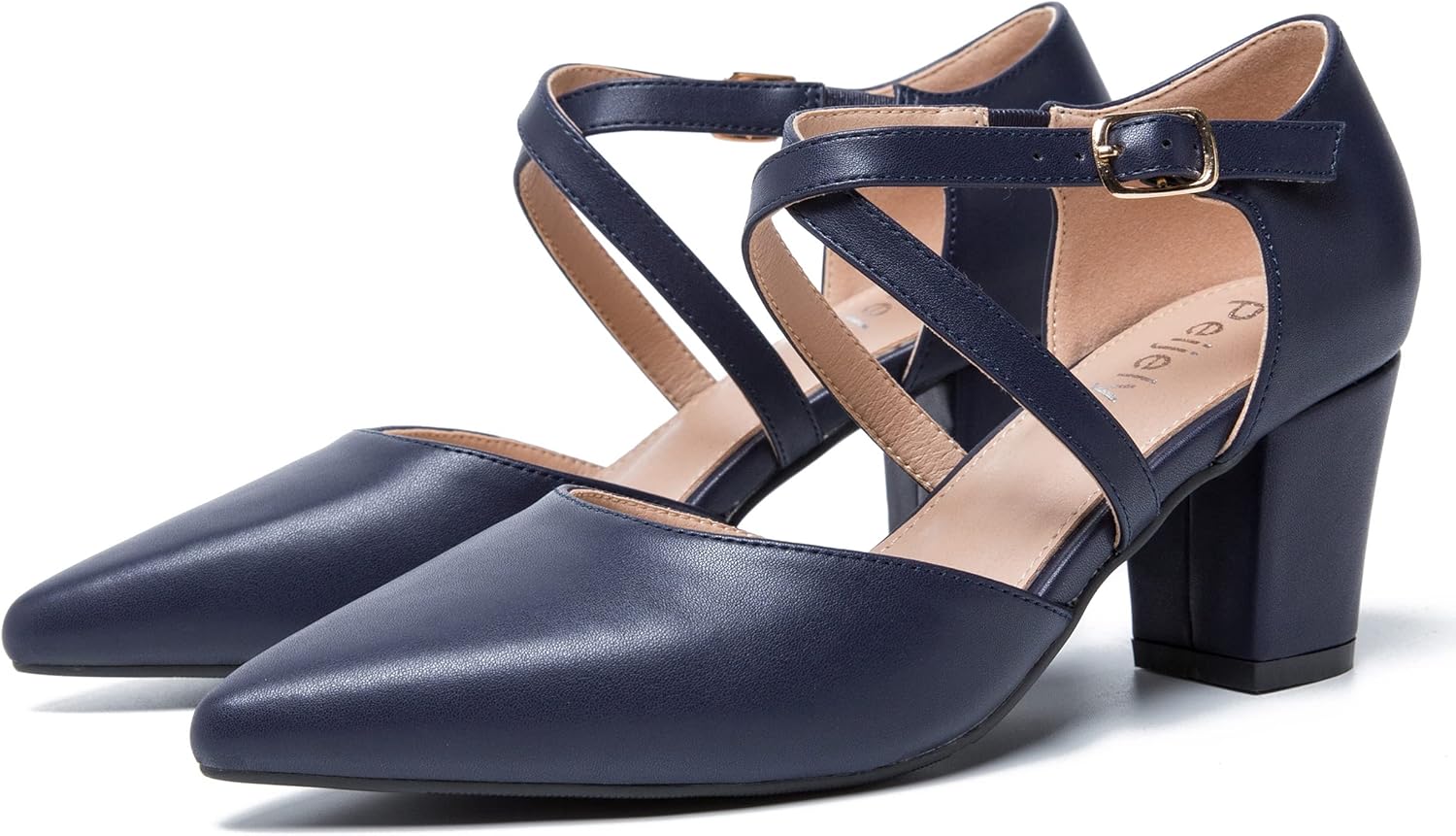Women's Pointed Toe Pumps, Cross-Strap, Block Heel Dress Shoes