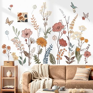wondever Boho Flower Wall Stickers Wildflower Floral Grass Plants Peel and Stick Wall Art Decals for Baby Nursery Girls Bedroom Living Room