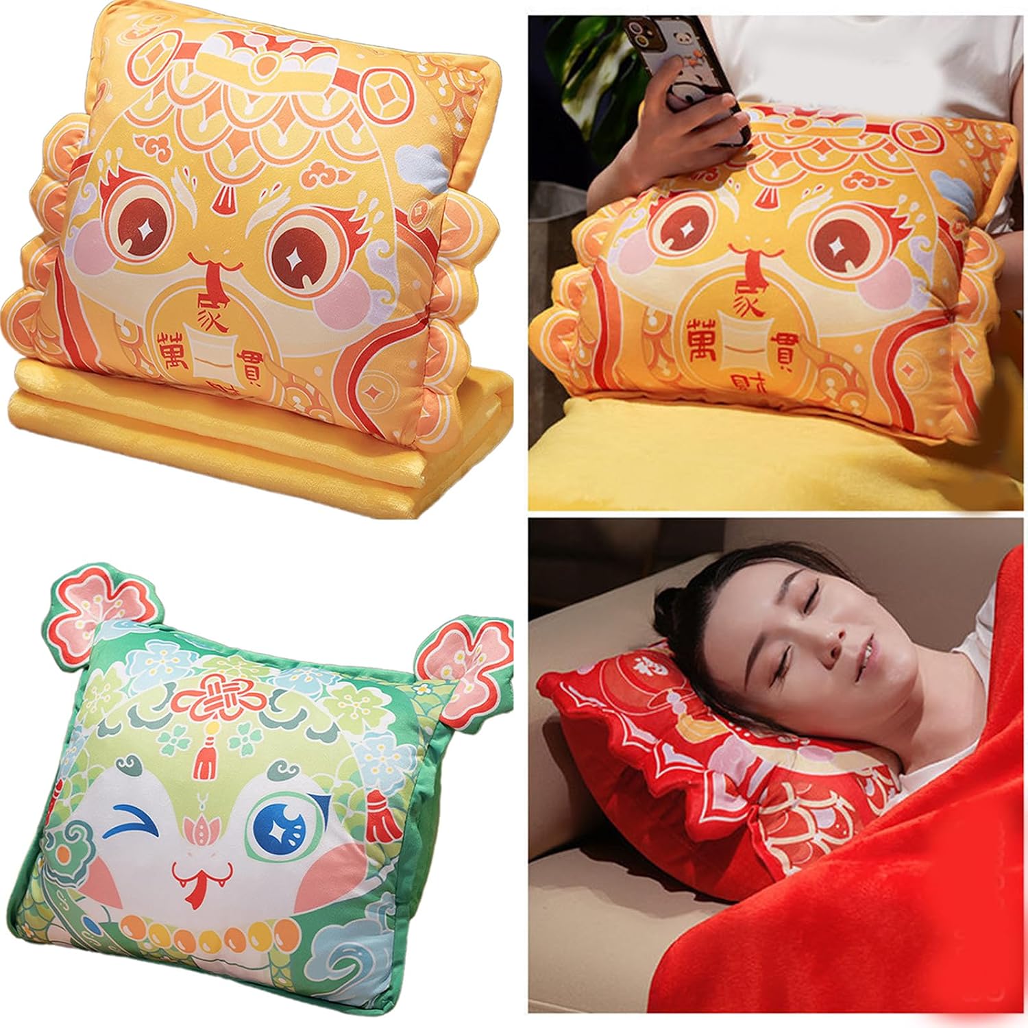 Snake Mascots Pillow Blanket Double-use 3in1 Office Naping Folding Shawl Small Air Conditioning Car Cushions Air Conditioning
