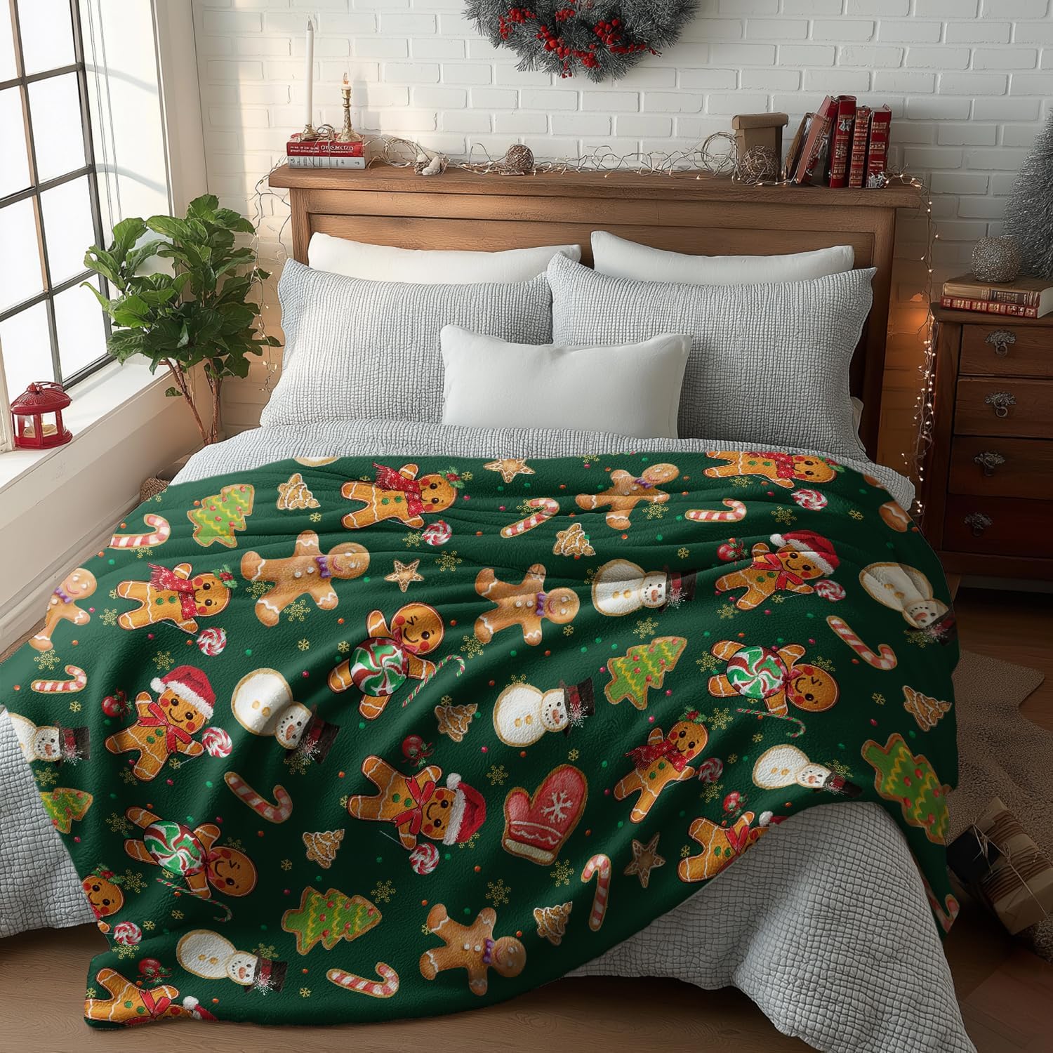 Horaldaily Christmas Flannel Blanket Throw, Green Gingerbread Man Christmas Bear Soft Fuzzy Plush Cozy Fleece Blankets for Couch Sofa Bed Lounging, Ideal Gifts for Kids Adults Wife Self, 50x60 - Image 3