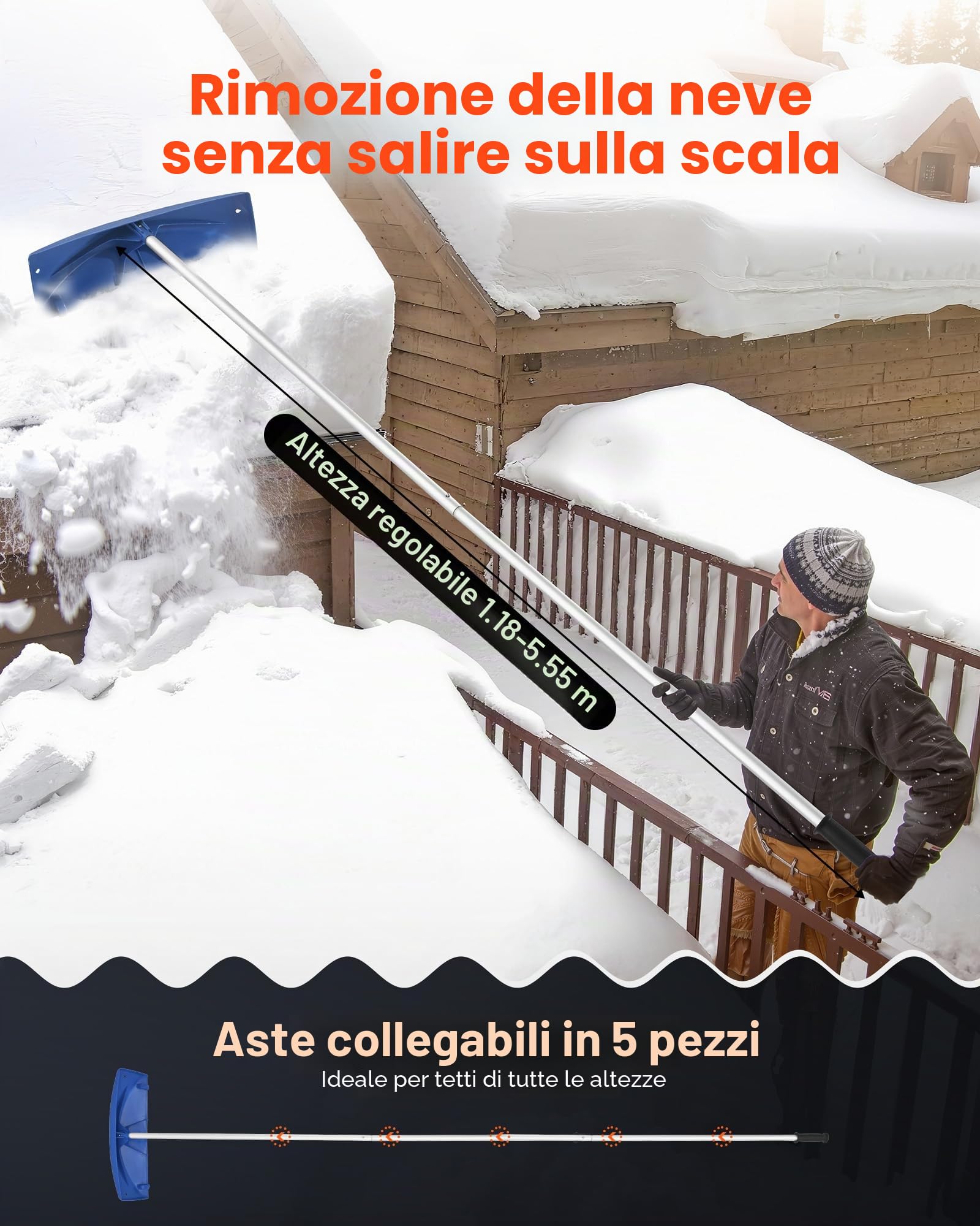 VEVOR Rastrello da Neve per Tetto, Lama in Plastica PP da 600 mm, Raschietto per Tetti da Neve Regolabile 1180-5550 mm con Ruote, Impugnatura Antiscivolo, Pala per Rimozione Neve Foglie e Detriti
