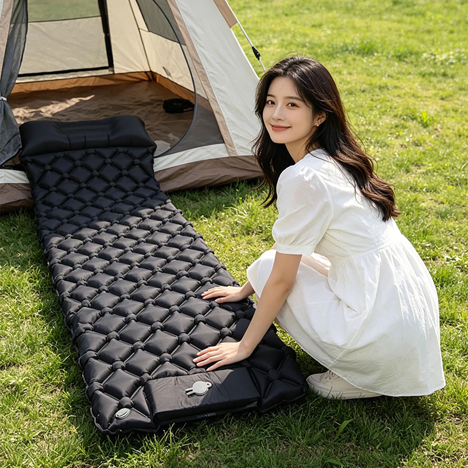 Colchoneta De Camping Inflable Confort 7 Cm Impermeable Resistente Al Desgarro Colchon De Aire Conectable con Almohada para Viajes En Coche Playa Césped Y Picnic