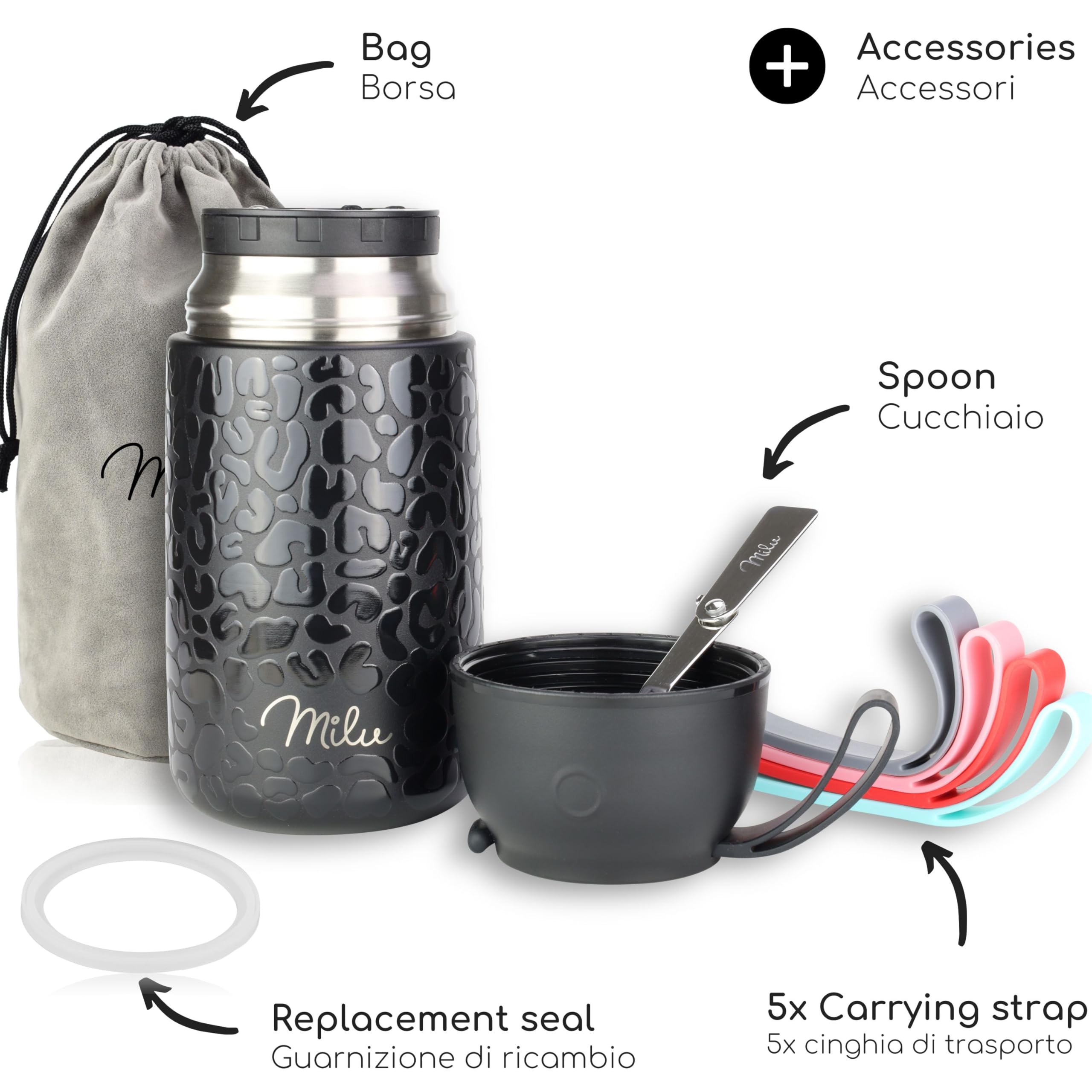 Milu Thermo per Alimenti 800 ml Contenitore Termico di Acciaio Inossidabile, Isotermico Sottovuoto per Cibi Caldi e Freddi (Black Leopard, 800ml)