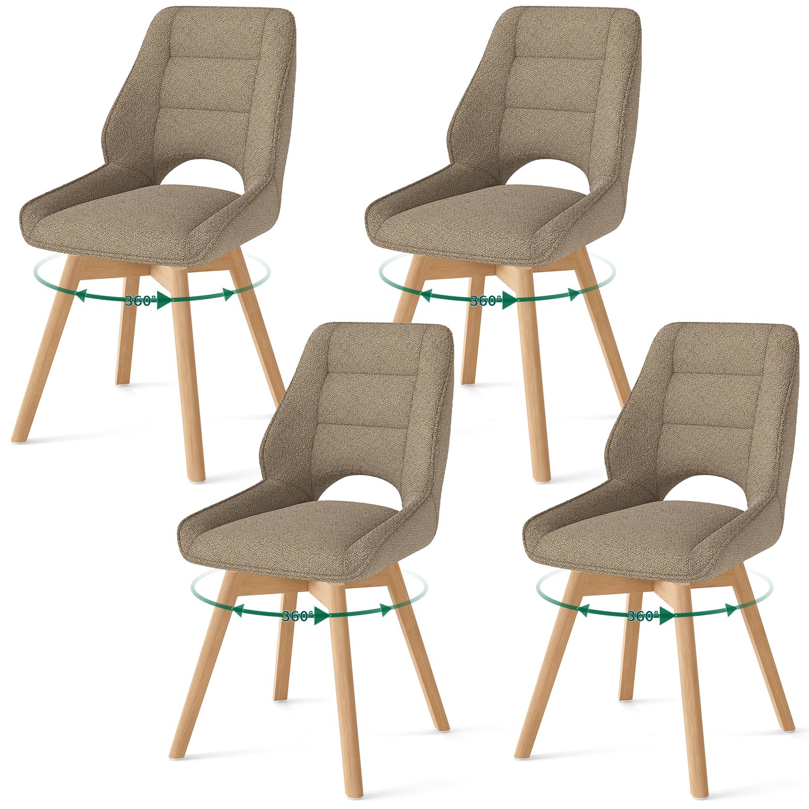 LONGTOO Dining Chairs Wooden Legs Set of 4 Rotates 360°, Dining Chairs with Low Armrests, Chair with Beech Legs Suitable for Dining Room, Kitchen, Living Room and Dressing Table,brown