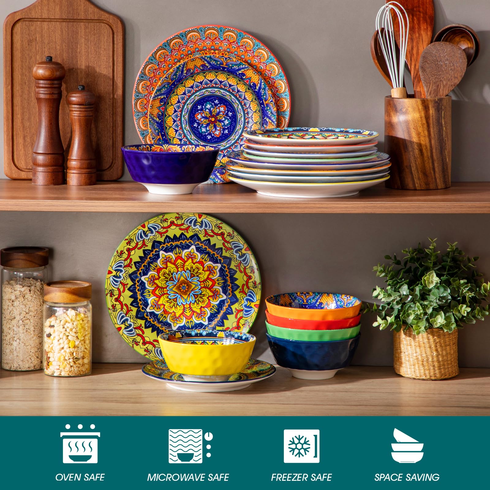 vancasso 18-częściowy zestaw naczyń porcelanowych dla 6 osób, z talerzami obiadowymi, talerzami deserowymi i miskami, serwis stołowy w stylu boho dla 6 osób, zestaw naczyń z serii KRVI