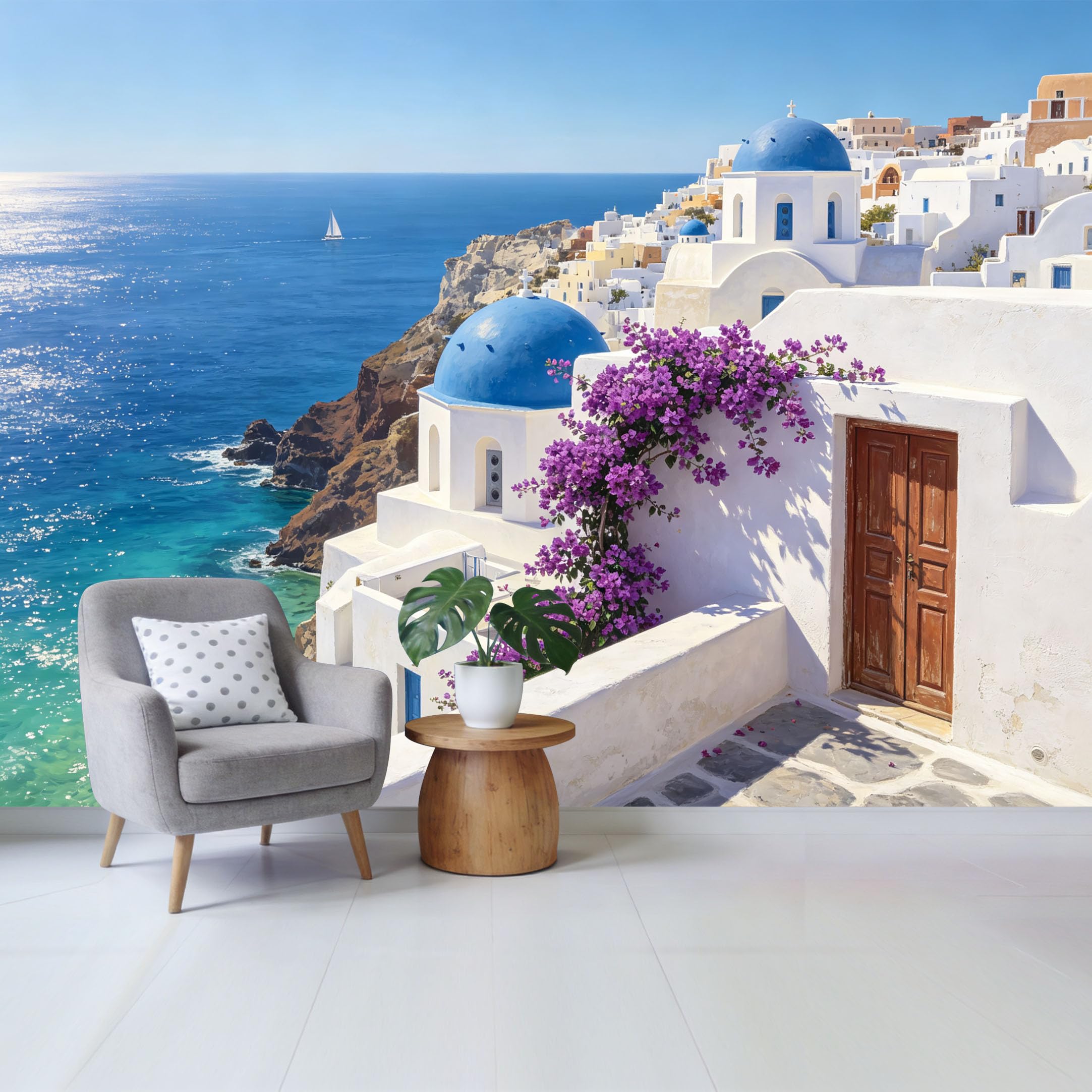 Custom Size Wall Mural Coastal Mediterranean White Architecture Blue Dome Sea View Bougainvillea Removable Self Adhesive Fabric Home Wall Decor for Living Room Bedroom Bathroom