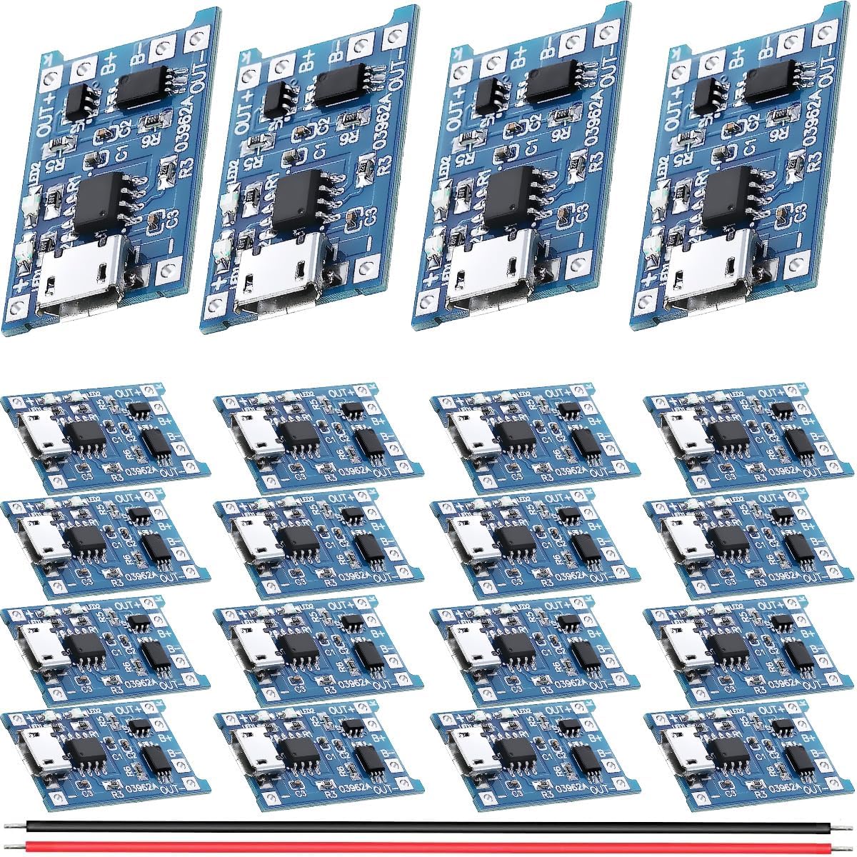 20 pcs 18650 Charging Module Lithium Battery Charging Module 5V 1A Charger Board Micro USB with Protection Function with 26AWG red and Black Cable