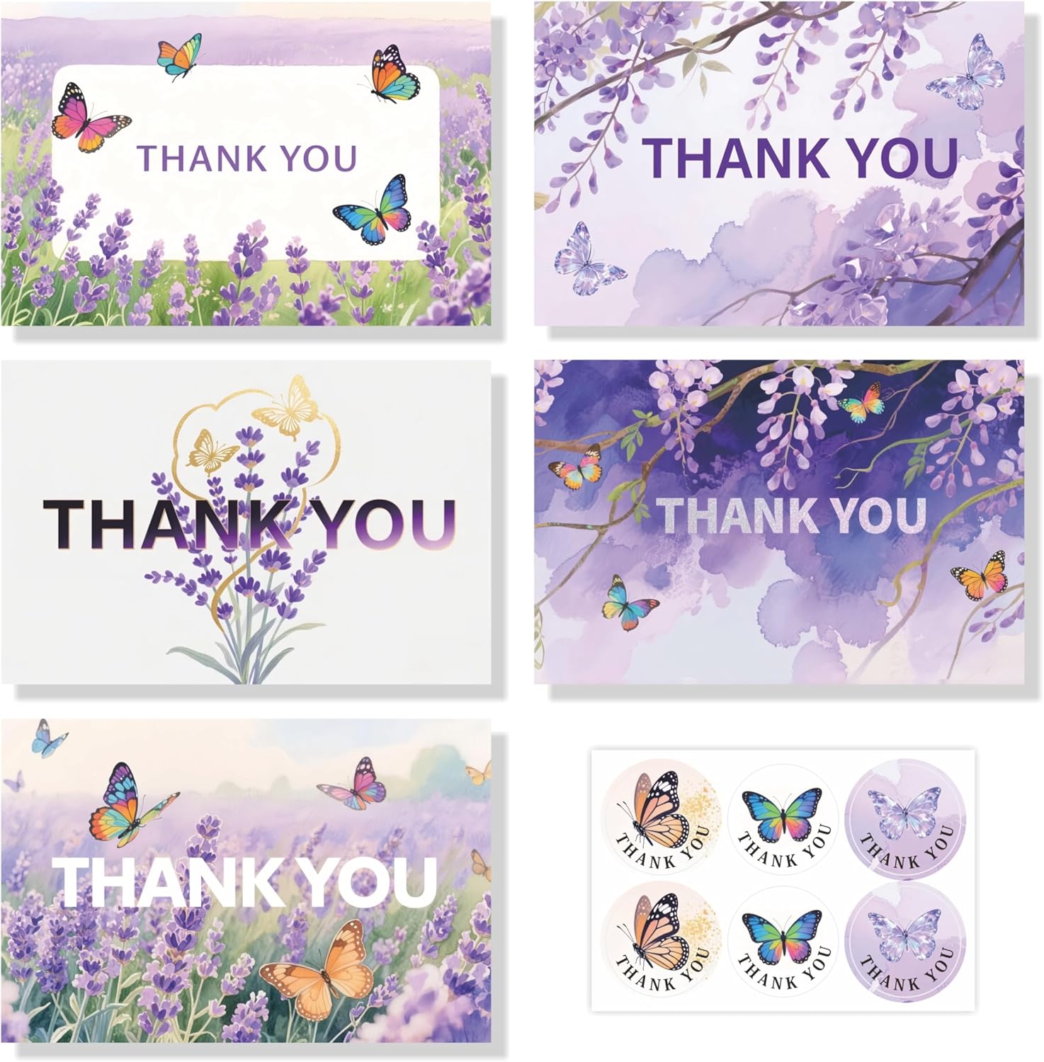 100 Pack 4x6 Inches (After Folding) Purple Thank You Cards, Butterfly Thank You Cards with Envelopes Seal Sticker and Box