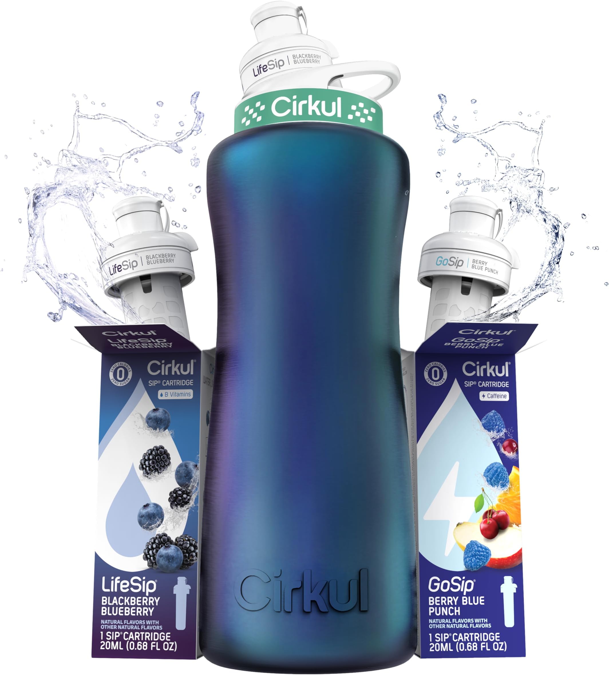 32oz. Chameleon Stainless Steel Water Bottle Starter Kit with Green Lid, 2 Flavor Cartridges (1 LifeSip Blackberry Blueberry, 1 GoSip Berry Blue Punch) No Sugar, Zero Calorie Drink Mix