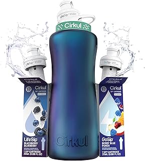 32oz. Chameleon Stainless Steel Water Bottle Starter Kit with Green Lid, 2 Flavor Cartridges (1 LifeSip Blackberry Blueberry, 1 GoSip Berry Blue Punch) No Sugar, Zero Calorie Drink Mix