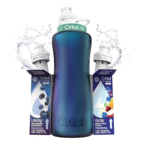 Cirkul Kit de inicio de botella de agua de acero inoxidable camaleón de 32 onzas con tapa verde, 2 cartuchos de sabor (1 LifeSip Blackberry