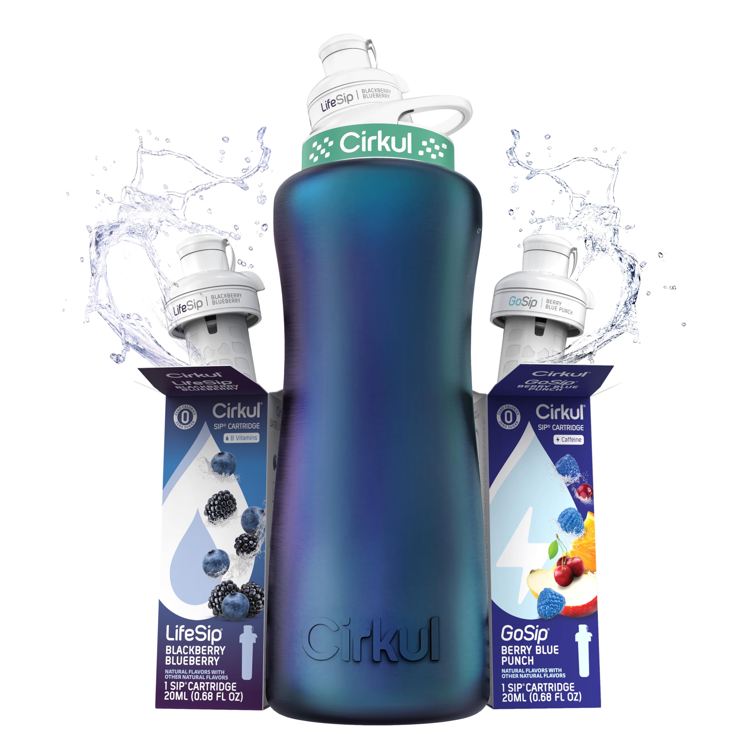 Cirkul32oz. Chameleon Stainless Steel Water Bottle Starter Kit with Green Lid, 2 Flavor Cartridges (1 LifeSip Blackberry Blueberry, 1 GoSip Berry Blue Punch) No Sugar, Zero Calorie Drink Mix