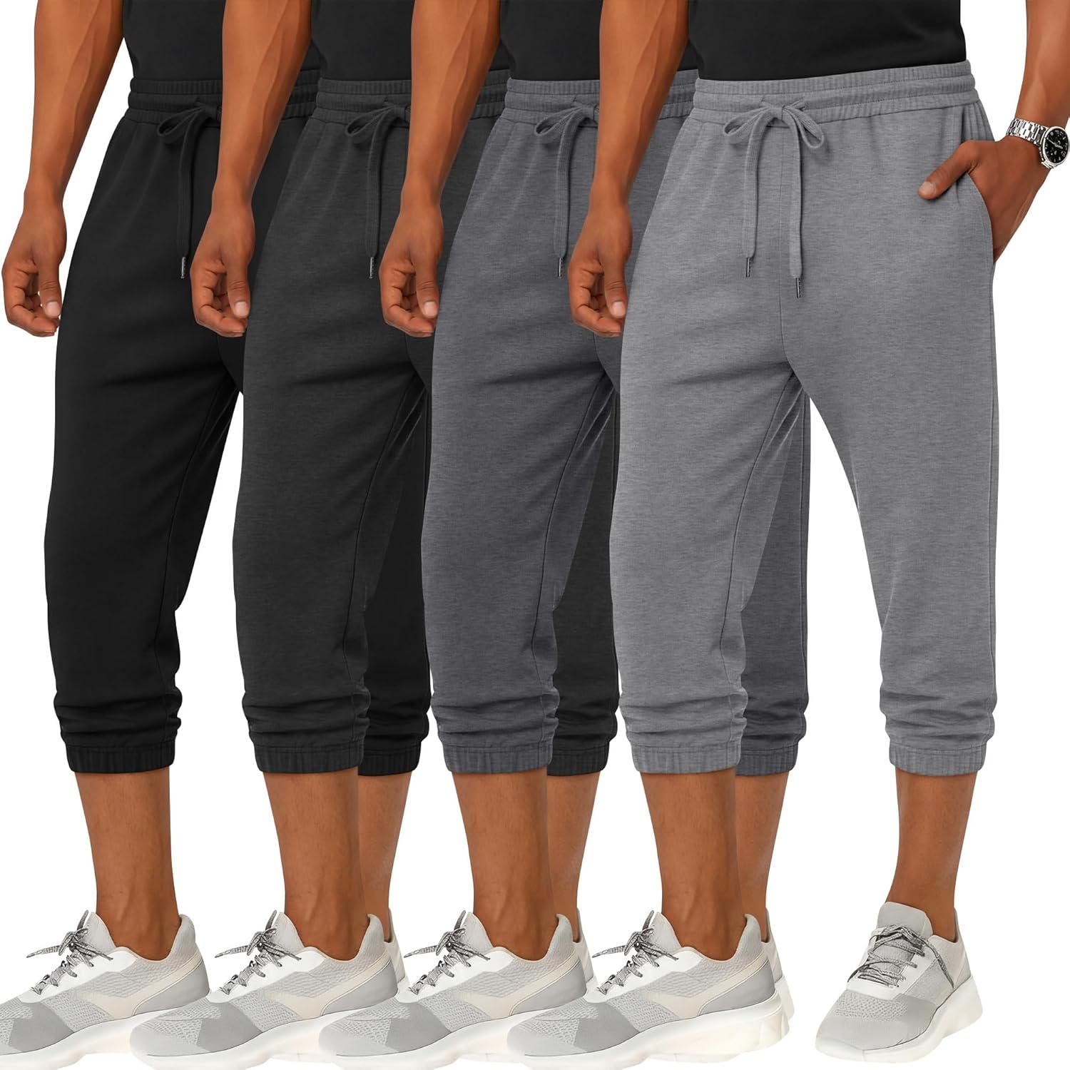 4 Pack Men's 3/4 Joggers Capri Pants Athletic Sweatpants Gym Workout Drawstring Below Knee Pants with Pockets