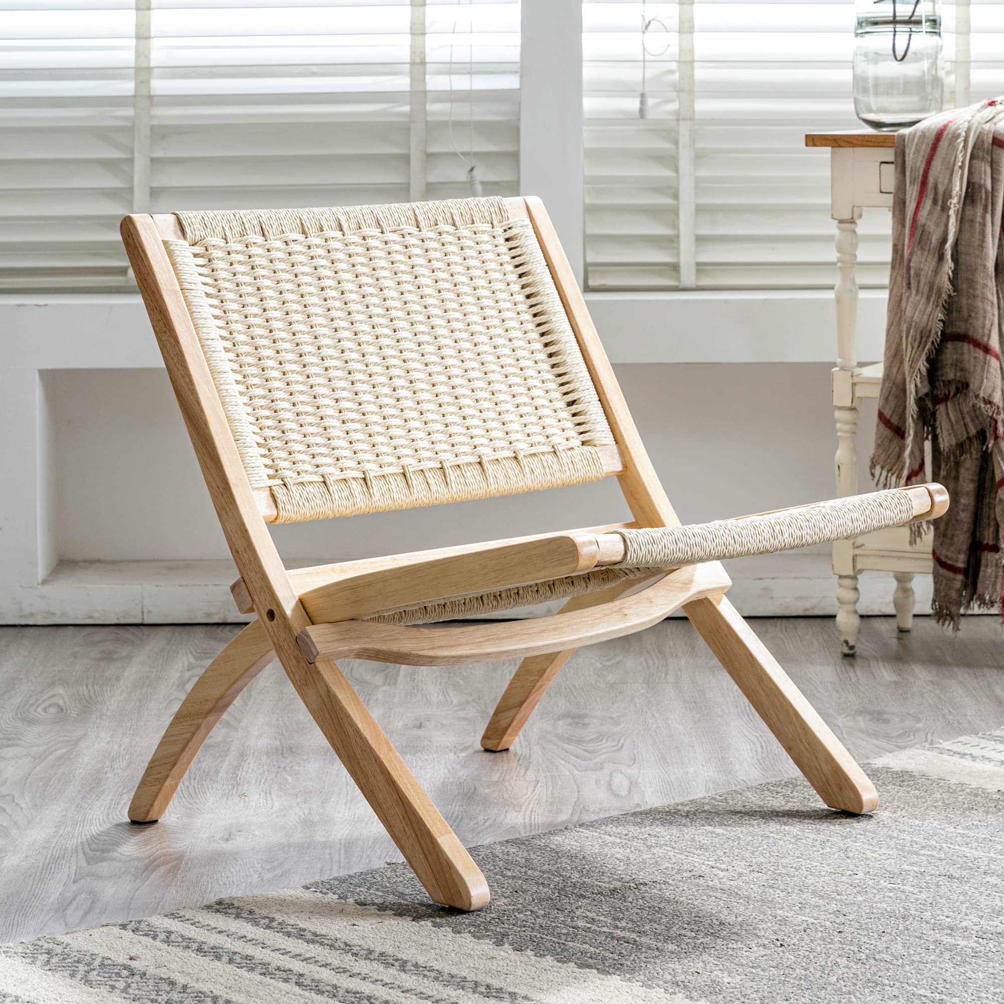 LUE BONA Folding Accent Chair, Beige Wood Mid Century Modern Chair