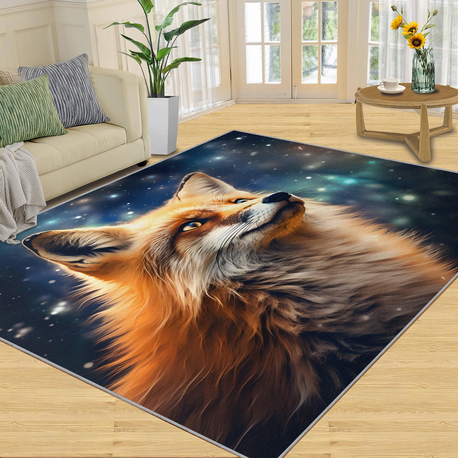 XEODIAT Cute Fox Purple Space Galaxy Area Rug Galaxy Starry Sky Fox Washable Floor Carpet, Soft and Plush Mats for Living Room Bedroom 50 x 80 cm