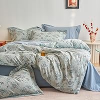 Vista 23 de 3 piezas de juego de funda de edredón tamaño individual XL, funda de edredón blanca con estampado floral azul, ropa de cama coquette de algodón