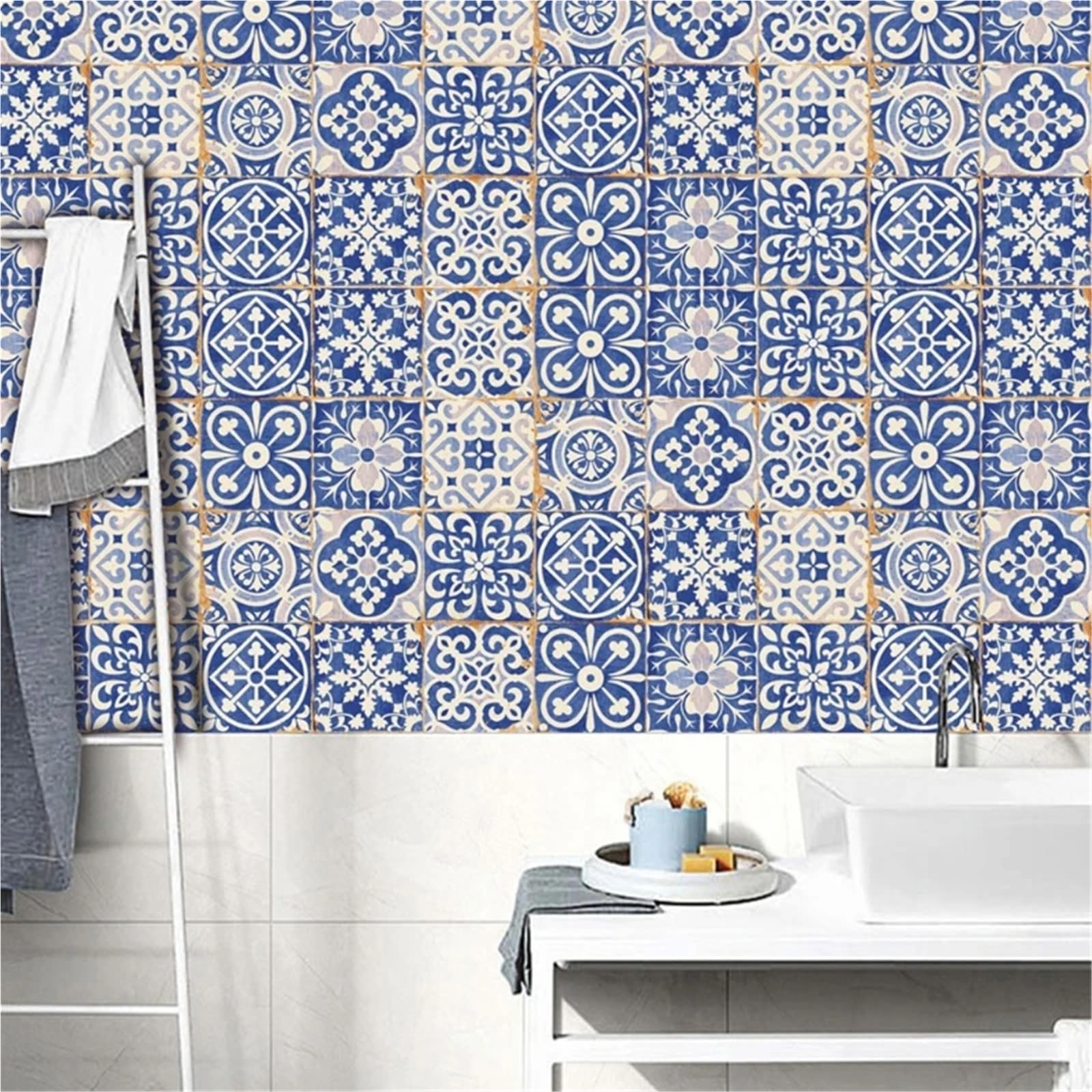 Adesivi for Piastrelle Porcellana Blu e Bianca 24pz Autoadesive Casa Cucina Liscia per Bagno, Cucina