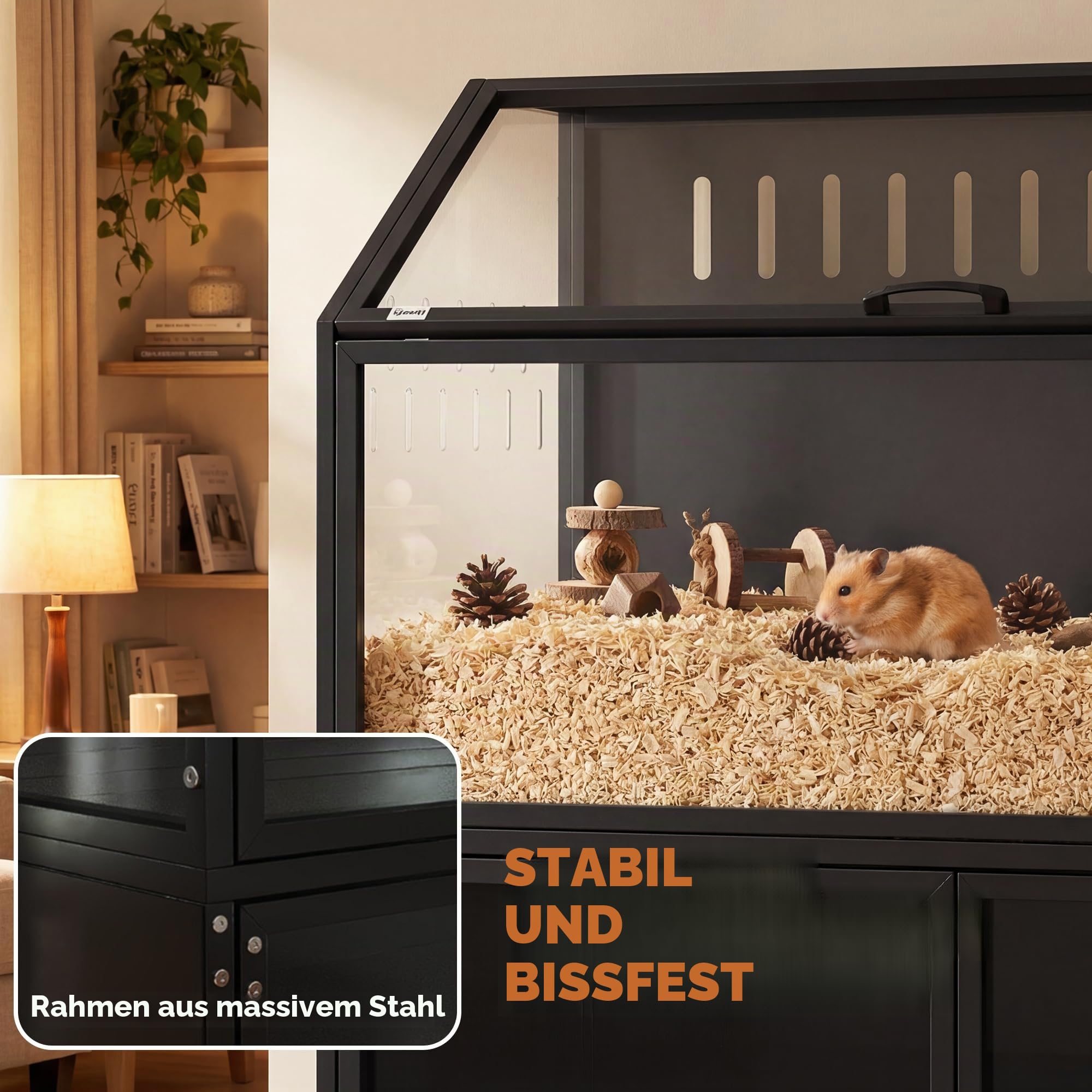 PawHut Hamsterkäfig 2-in-1 mit Aufbewahrungsschrank – Riesen-Lebensraum 104 cm für Nagetiere aus Stahl und transparentem Acryl – großer Käfig Design für syrische Hamster und Mäuse, schwarz