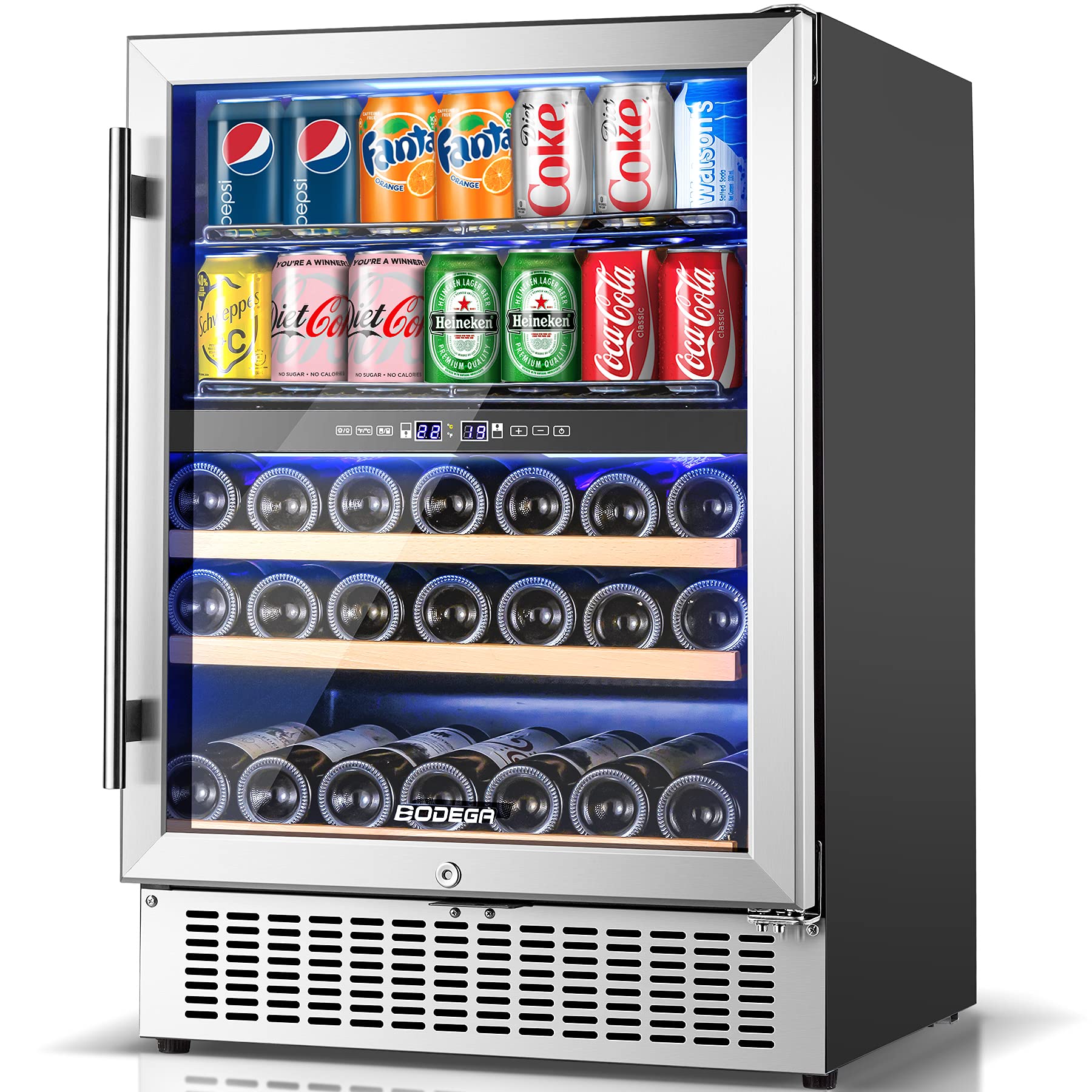 BODEGA 24 Inch Beverage and Wine Cooler, Built-in and Freestanding Wine Beverage Refrigerator Dual Zone, Holds 80 Cans and 27 Bottles, with Independent Temperature Control,Upgraded Compressor,Quiet Operation,Energy Saving