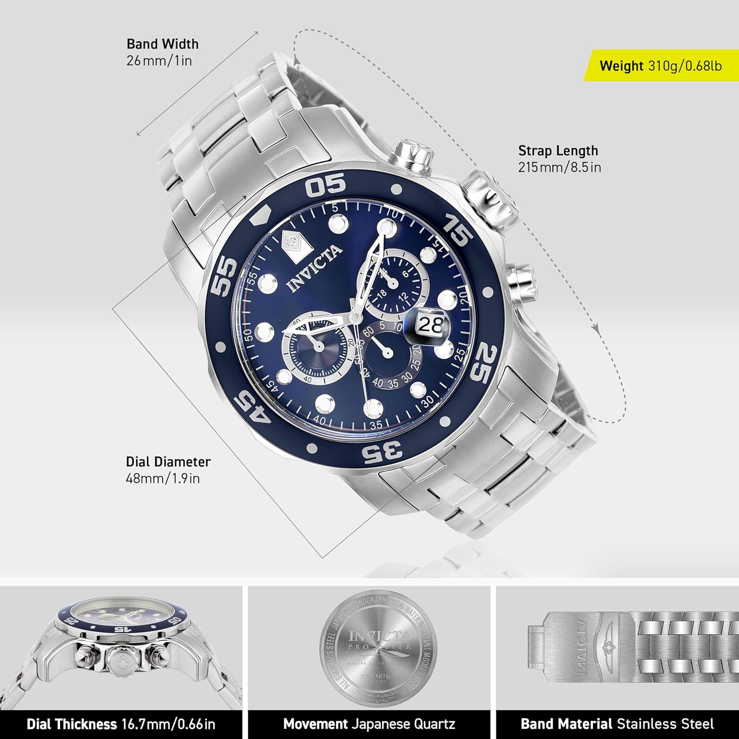 Invicta Men's Pro Diver Collection Chronograph Watch 48mm Silver & Blue