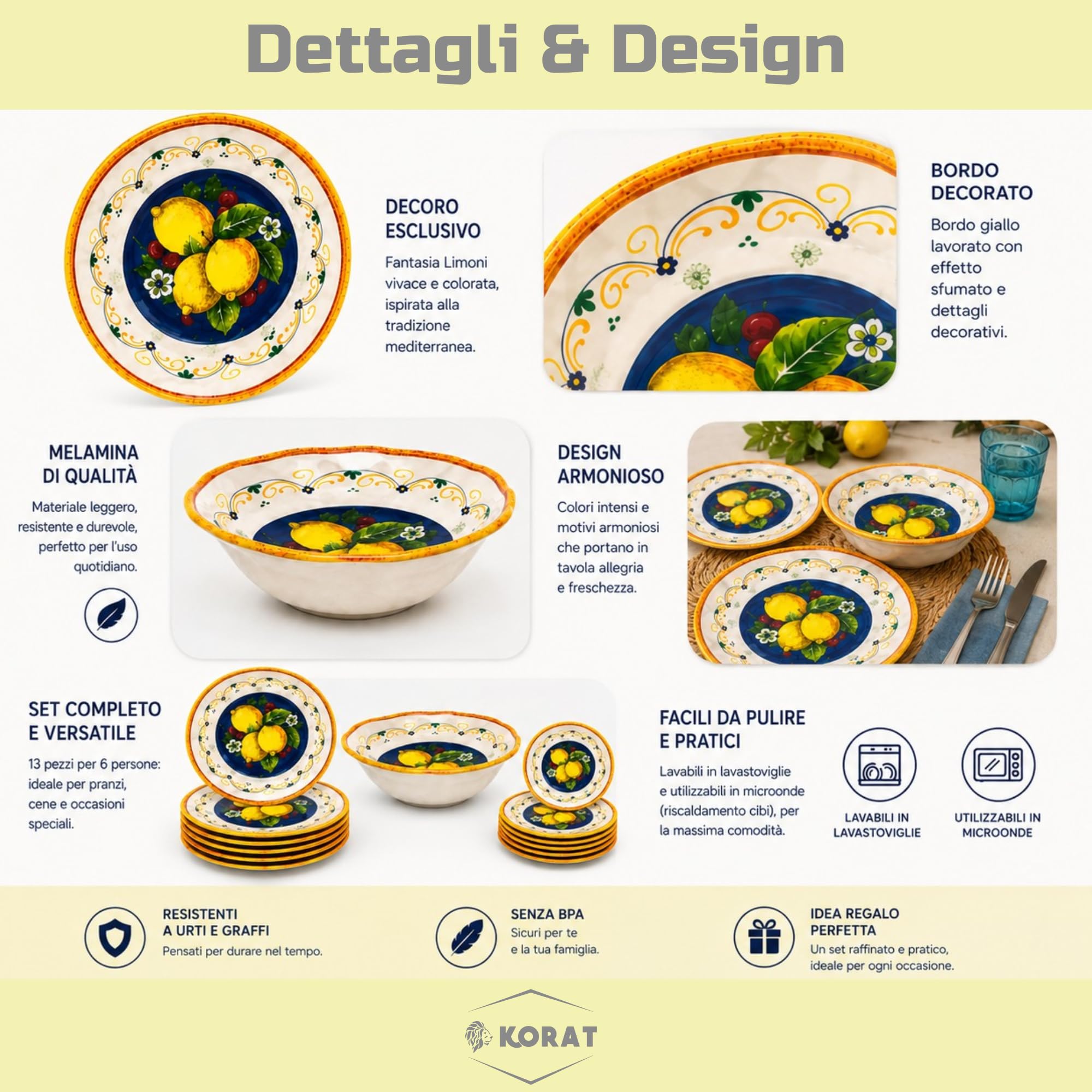 KORAT - Set Piatti in Melamina 13 Pezzi Fantasia Limoni Mediterranei, Servizio Tavola per 6 Persone con 6 Piatti Piani 28 cm, 6 Piatti Dessert 22 cm e Insalatiera 30 cm, Leggeri e Resistenti