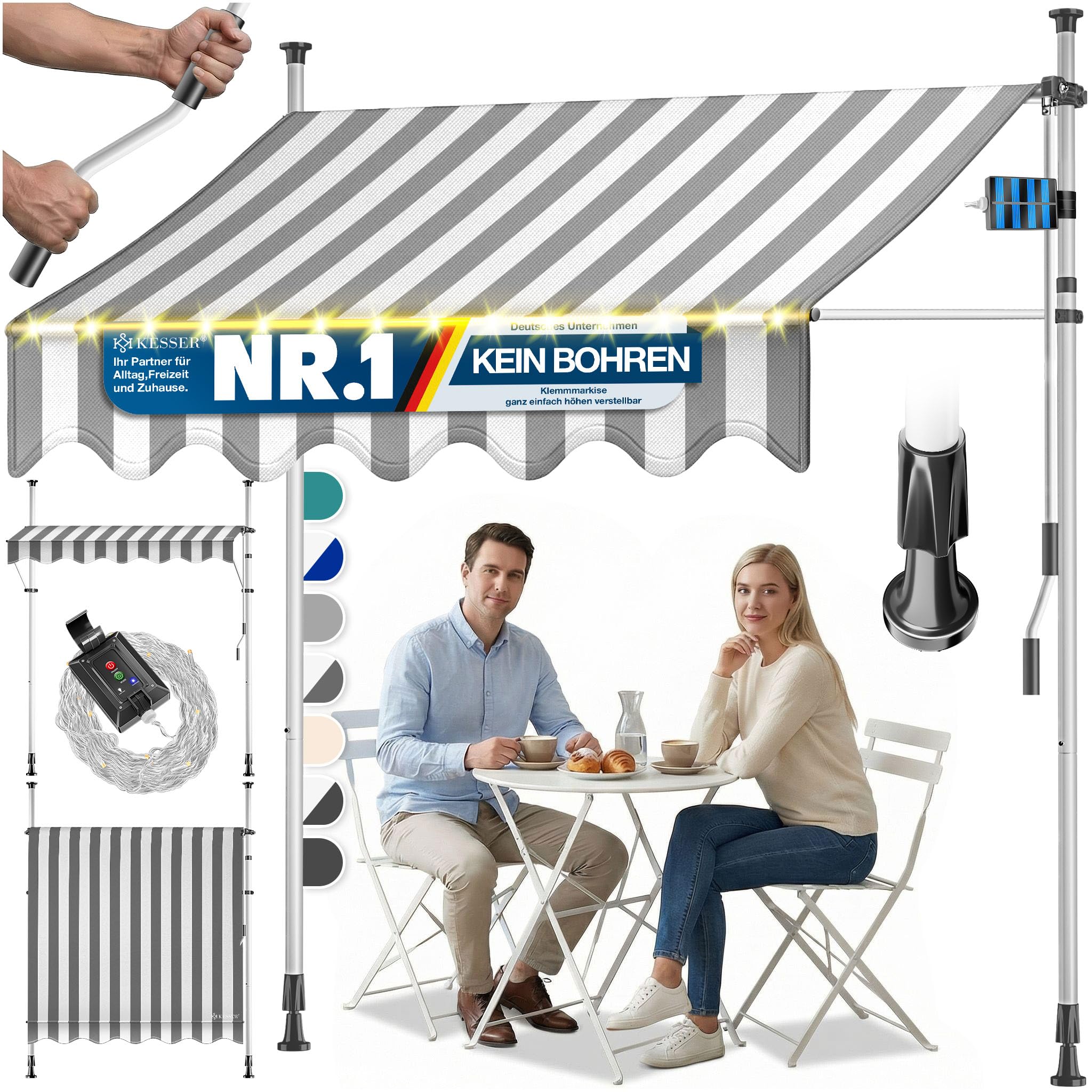 KESSER® Klemmmarkise mit Handkurbel & LED Lichterkette | Balkonmarkise ohne Bohren | Markise UV-beständig höhenverstellbar & wasserabweisend | Sonnenschutz für Balkon Terrasse & Garten 250cm
