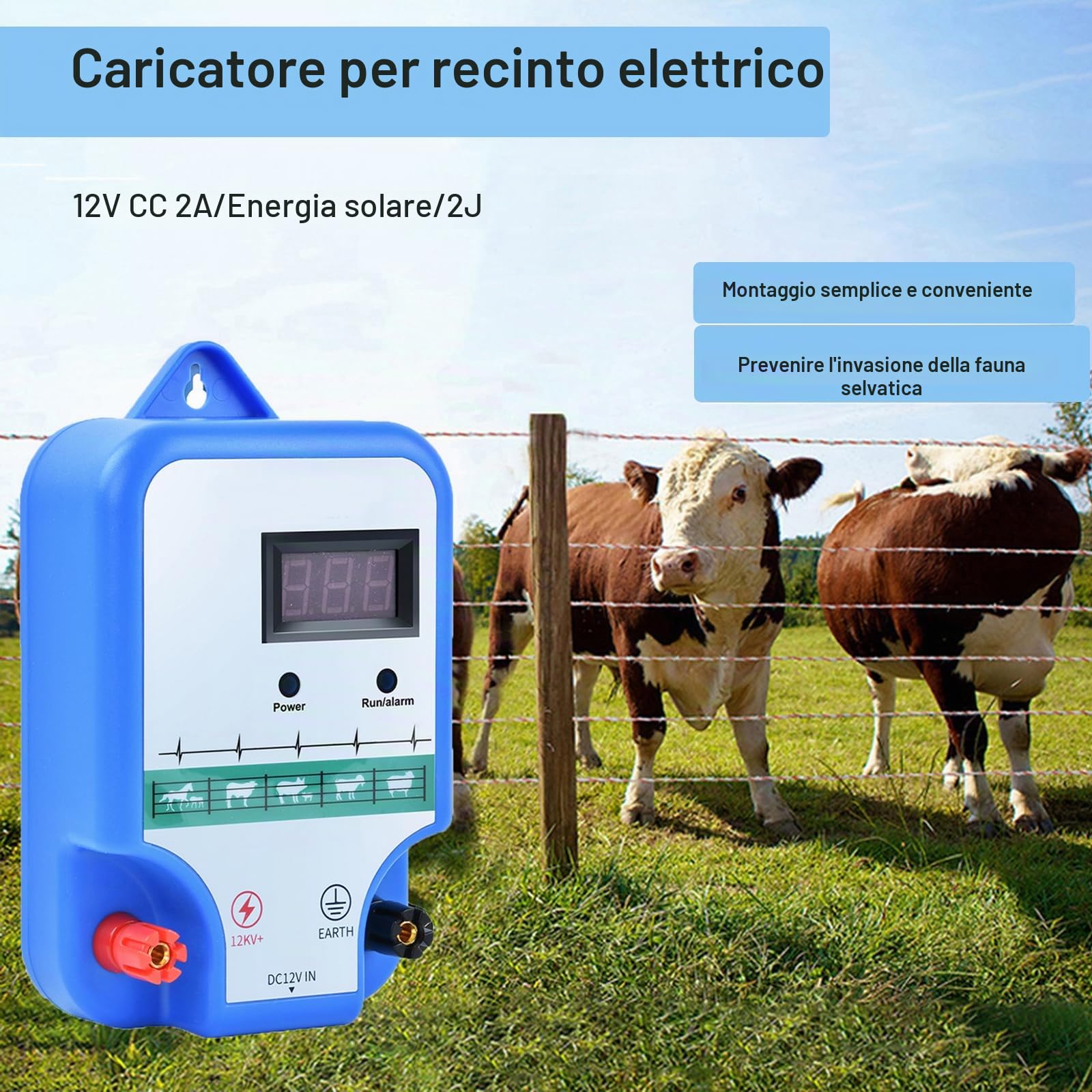 Recinto Elettrico per Animali，Pastore Elettrico Solare Alta Potenza 3 Modalità Energizzatore per Recinzione Elettrica per Contenere il Bestiame e Impedire l'intrusione di Animali Selvatici. (blu)