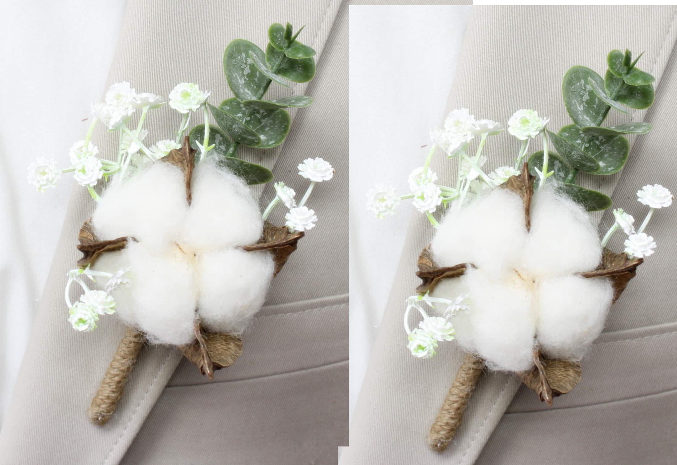 Angel Isabella Pack of 2 Boutonnieres -Natural Cotton Baby Breath Eucalyptus Twine Wrapped Pearl Headed pin Included Rustic Wedding Prom Event