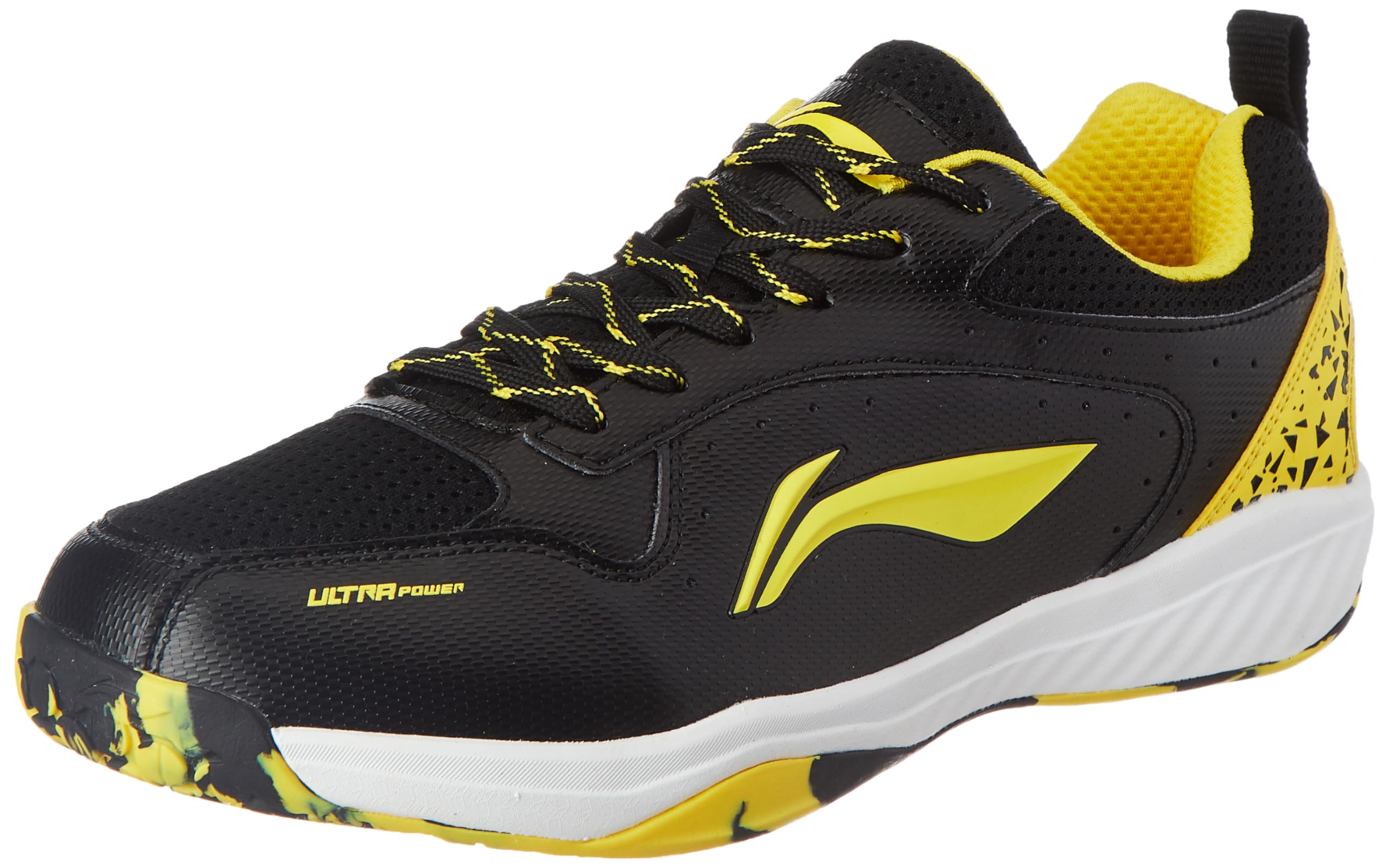Li-NingUltra Power Non-Marking Badminton Shoe|Indoor Sports|Stability Heel, Prototypical Sole, Lightweight Shoe (Black/Yellow,UK 12)