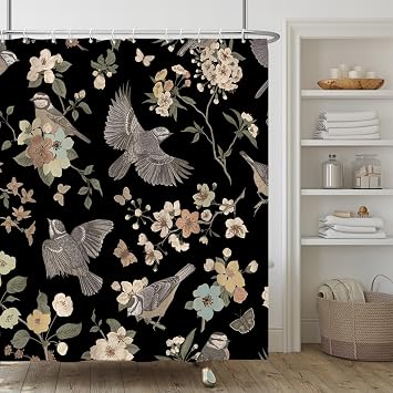 Black Birds Shower Curtain,Vintage Floral Bird Shower Curtain Set for Bathroom,Black Flower Fabric Bath Curtain with Hooks, 60x72in