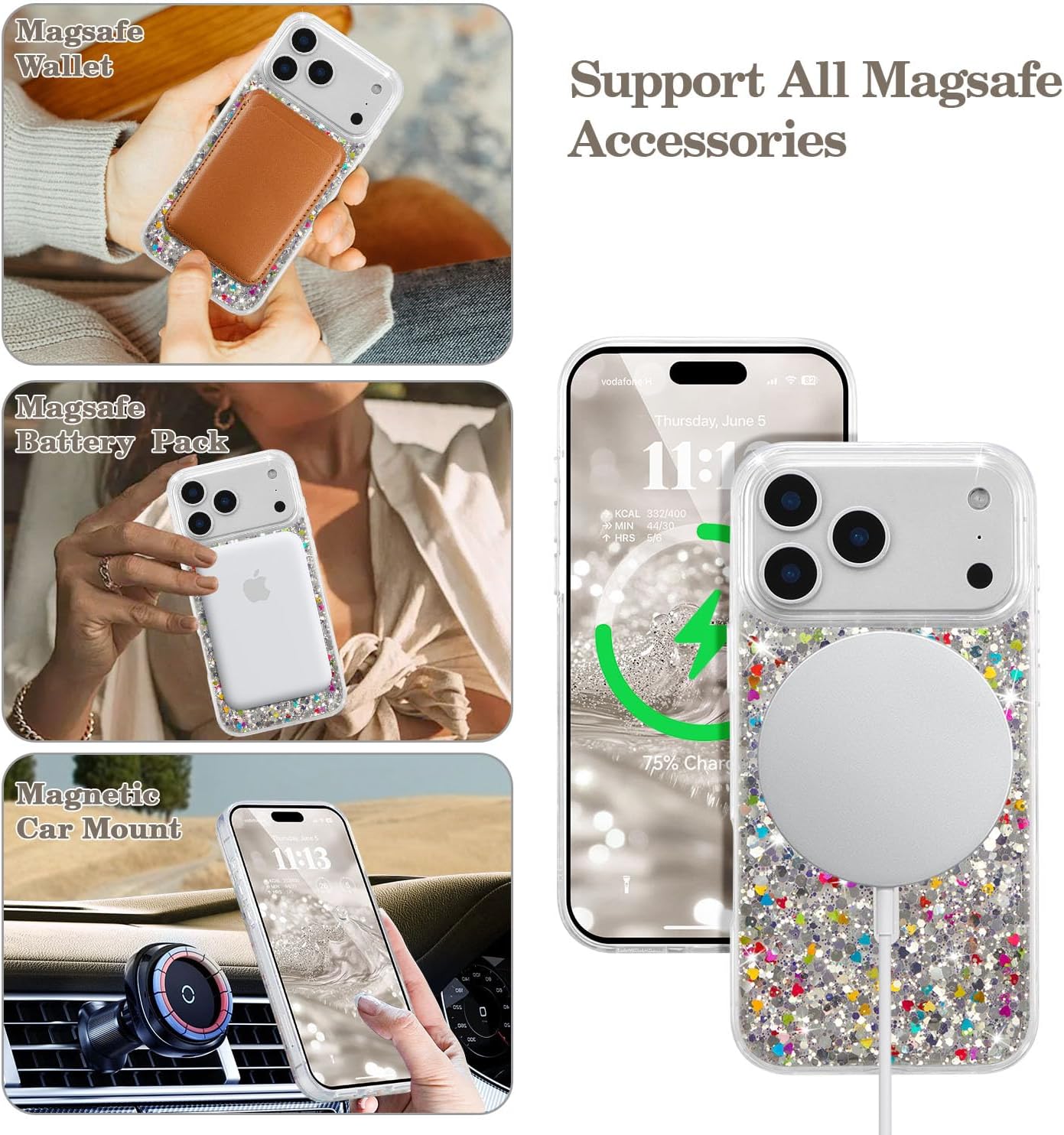 UEEBAI Glitter Case Magnetic for iPhone 17 Pro Max Case, Luxury Shiny Bling Sparkly Phone Cover Compatible with MagSafe, Wireless Charge Crystal Diamonds Shiny Cover for Women - Clear - Image 2