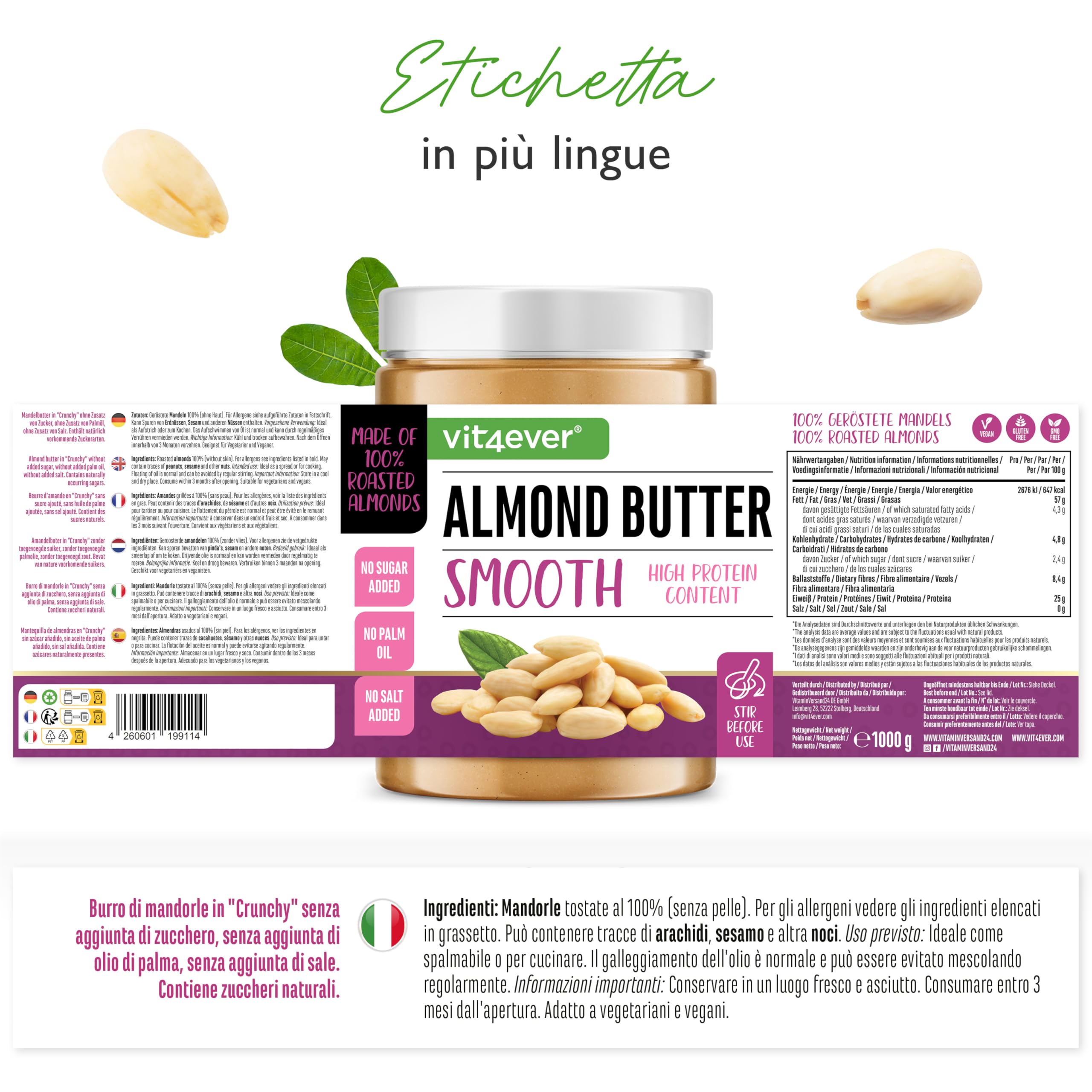 Burro di mandorle naturale liscio 1 kg – 100% mandorle sbollentate – Proteine elevate – Cremoso senza sale, olio o grasso di palma