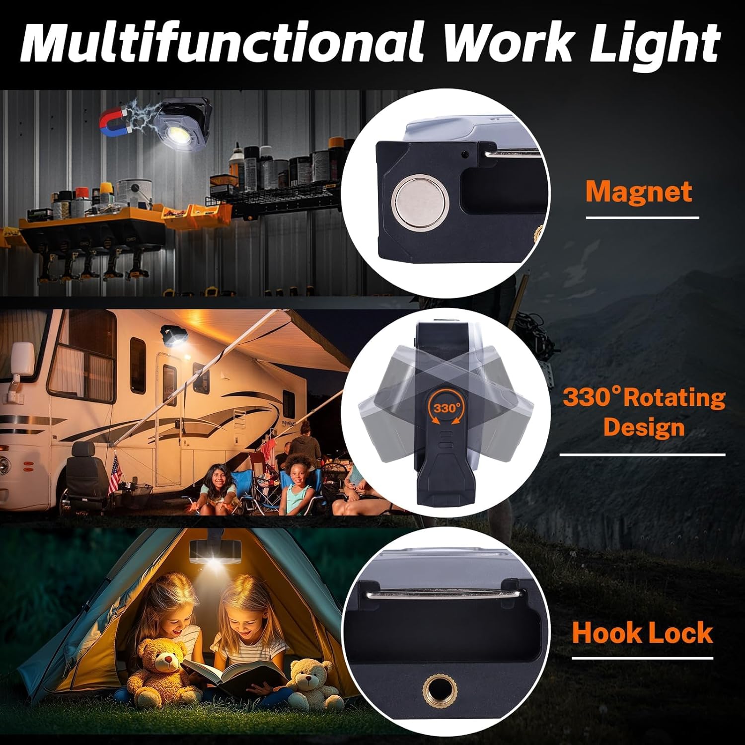 KunHe 2 Pack 4000mAh 840 Lumens Magnetic Rechargeable Work Light Stepless Dimming Magnetic car Light Mechanic 32 Hours Long Runtime Magnetic Shop Light 330° Rotatable Portable Lamp with Hook - Image 6