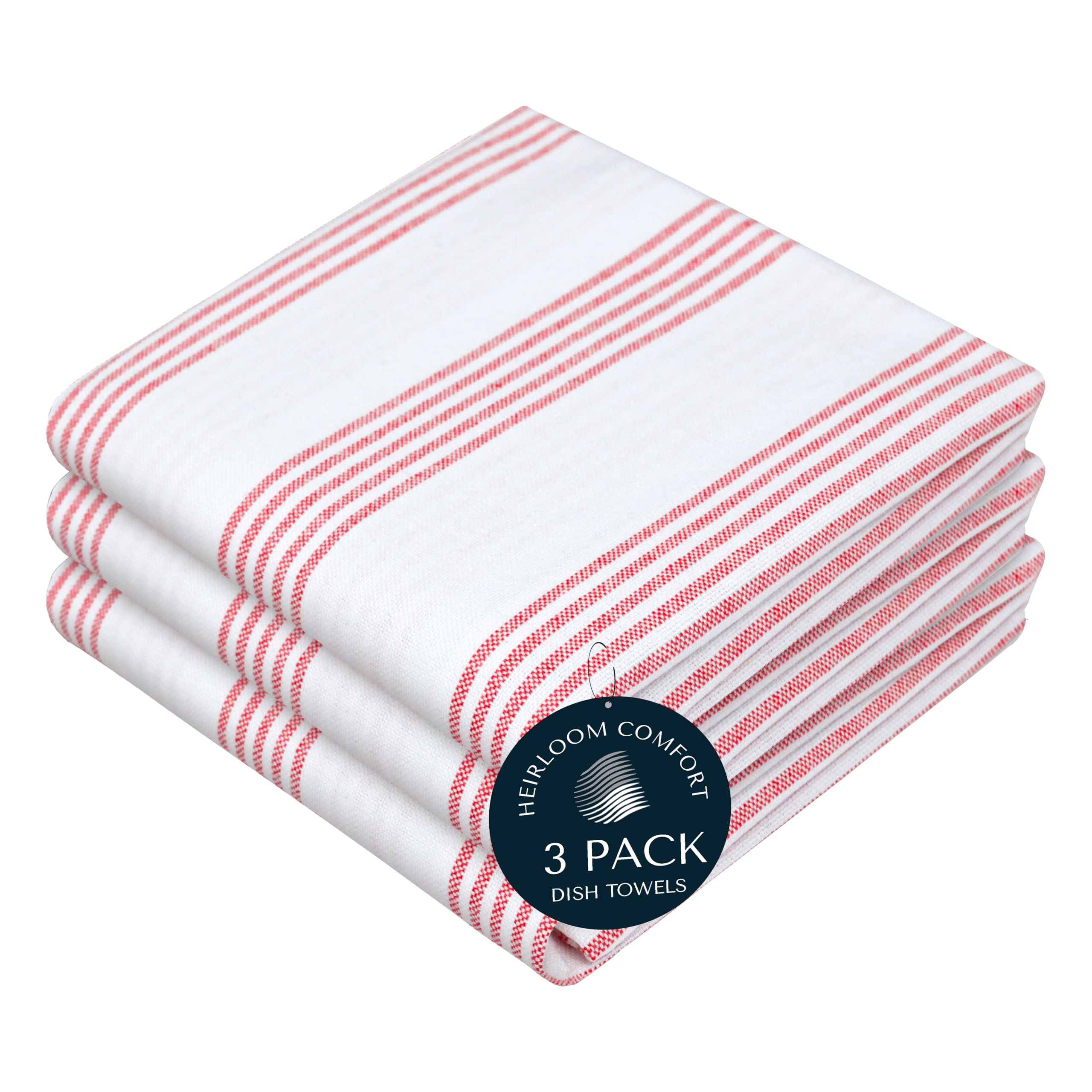 HEIRLOOM COMFORT Red Stripe Cotton Kitchen Towels Set of 3, Durable & Super Absorbent Dishcloths Pack, Multi Pin Stripe Towel Set, Quick Dry Towels for Daily Kitchen Use, Wiping & Drying Dishes