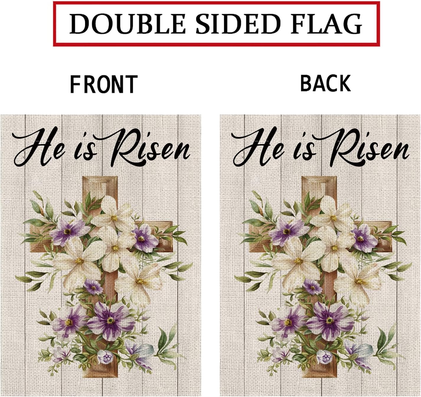 Easter Garden Flag - He Is Risen Christian Easter Cross and Flowers Burlap Double Sided Vertical Holiday Spring Yard Outdoor Decor 12.5 x 18 Inch - Image 3