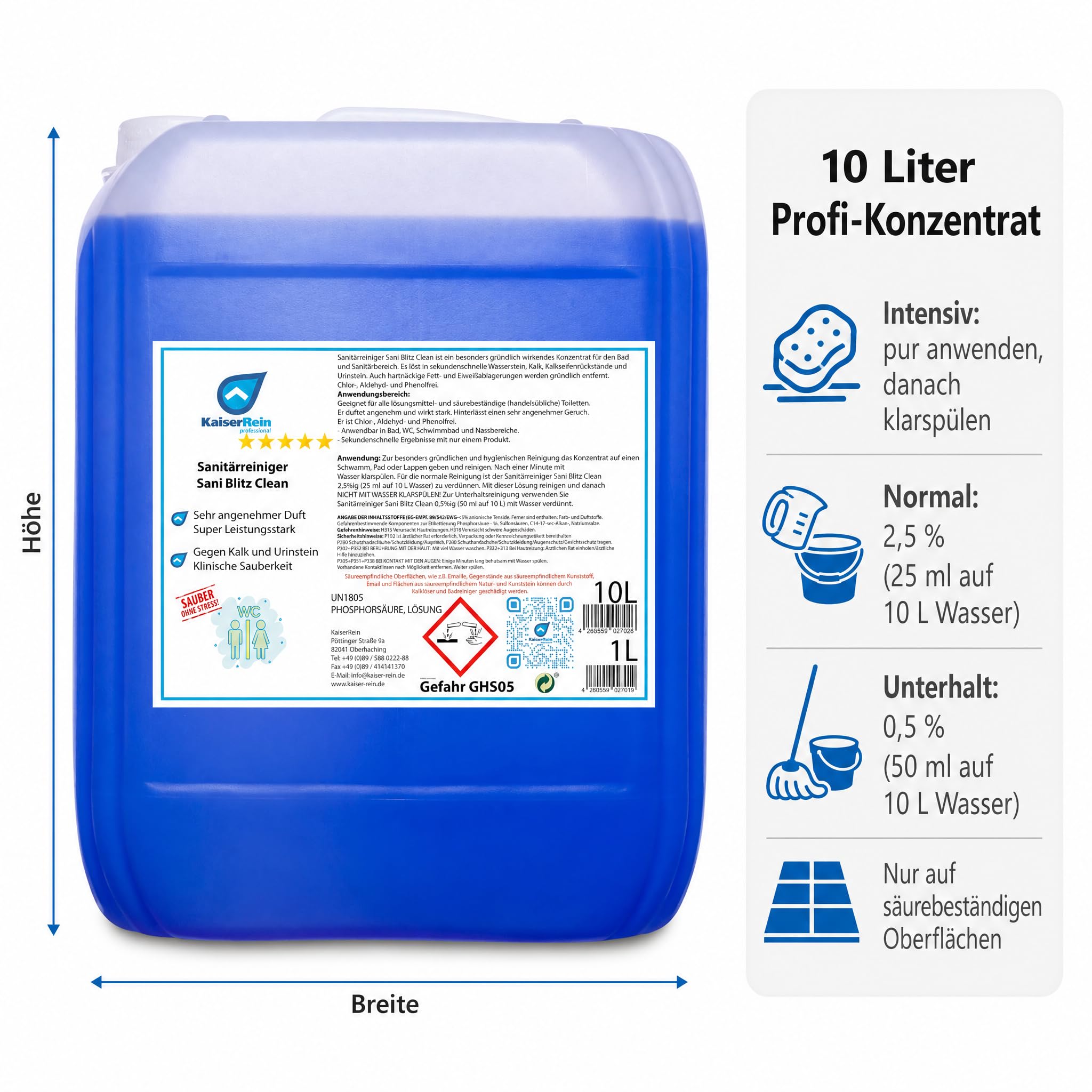 KaiserRein WC Reiniger Sani Blitz Clean, extra starker Profi-Sanitärreiniger & Urinsteinentferner, Konzentrat im 10 L Kanister, löst Kalk, Wasserstein & Kalkseifen, für Bad, Dusche, WC, Fliesen