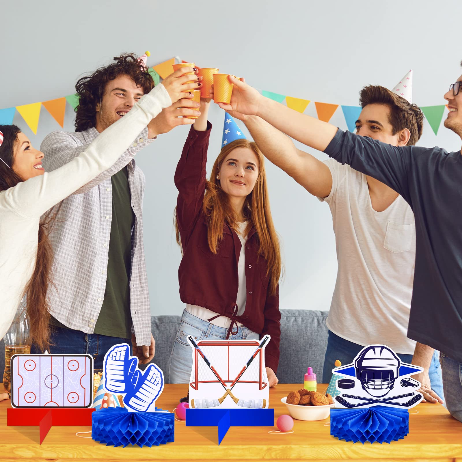 Décorations De Fête Sur Le Thème Du Hockey - 9 Pièces En Nid D'abeille - Pour Anniversaire, Baby Shower, Mariage - Couleurs Bleu Et Rouge - Faciles à Assembler - 6