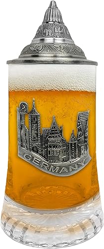 Vaso de cerveza de pueblo alemán Medallón de Metal Regalos para hombres con tapa de metal Taza de vidrio por E.H.G.  0.5 litros