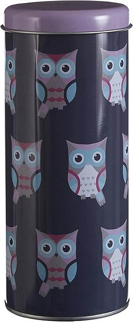 Premier Housewares 507309 Happy Owls Storage Canister, Tin, Blue, 8 x 8 x 18 cm