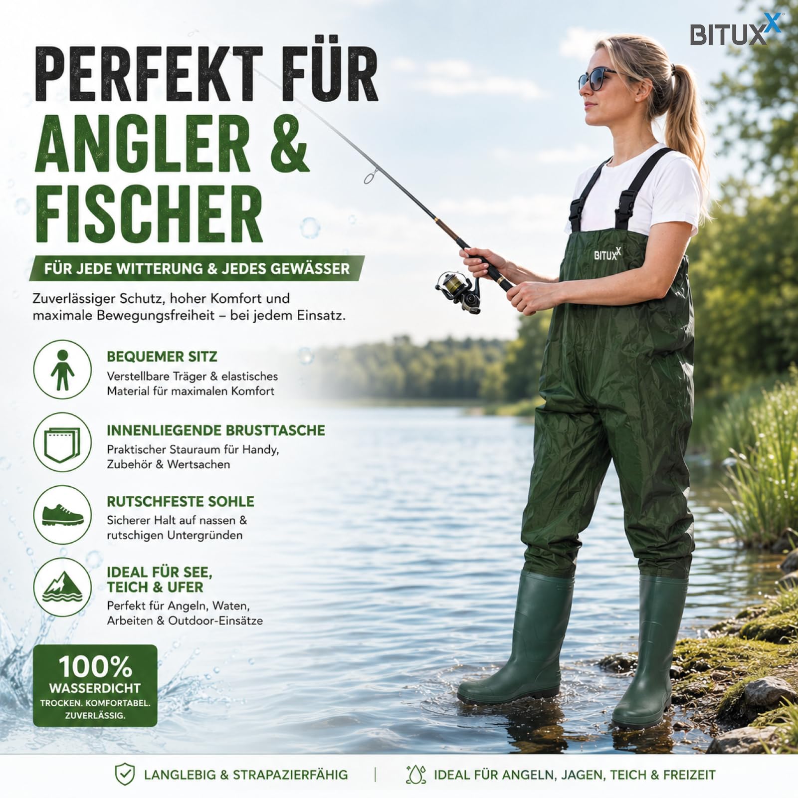 Wathose Anglerhose Watstiefel Watt Fisch Teich Gummi PVC Nylon Gr. 47
