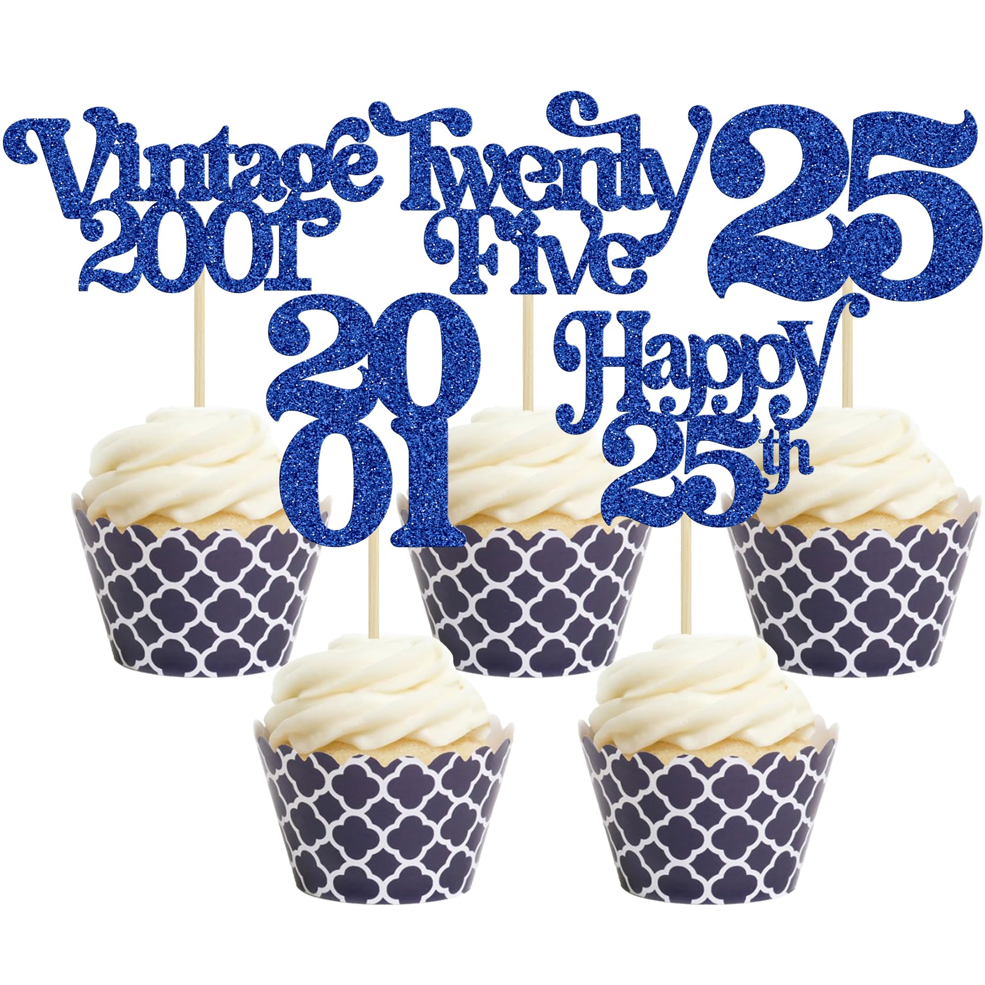 Gyufise 30Pcs 25th Birthday Cupcake Toppers Glitter Twenty-Five Vintage 2001 Cheers to 25 Cupcake Picks Hello 25 Years Birthday Cake Decorations for 25th Anniversary Party Supplies Blue