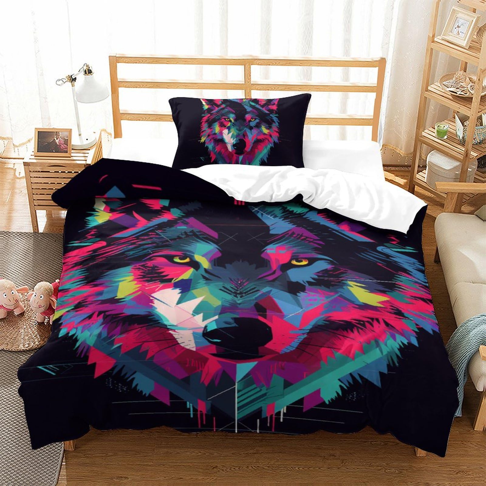 Housse de couette loup anti-plis en microfibre douce pour lit simple
