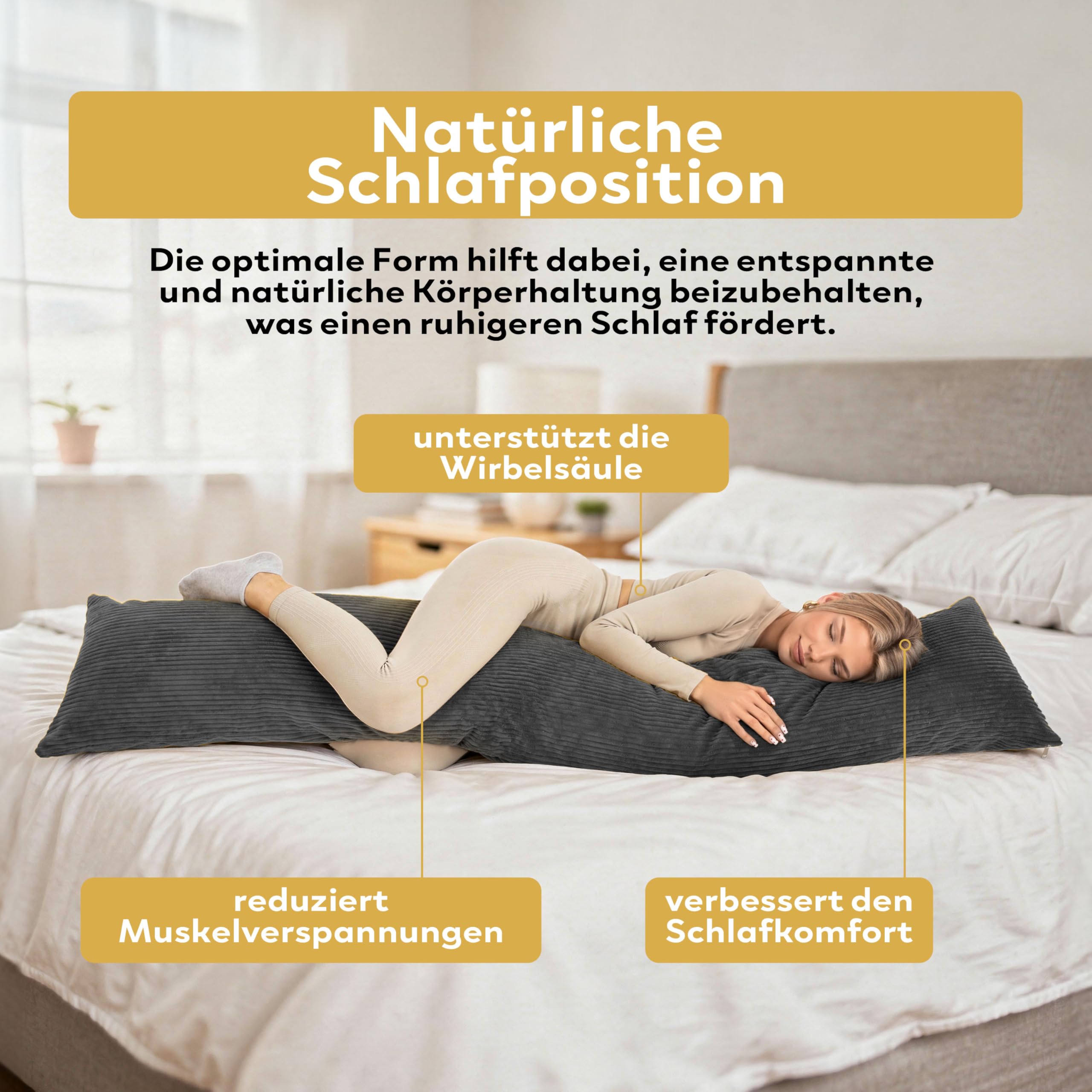 Premium Seitenschläferkissen 200 x 40 cm – Ergonomisches Körperkissen Bezug – anschmiegsam & atmungsaktiv – Allergikerfreundlich, waschbar (1, Dunkelgrau, 200 x 40 cm)